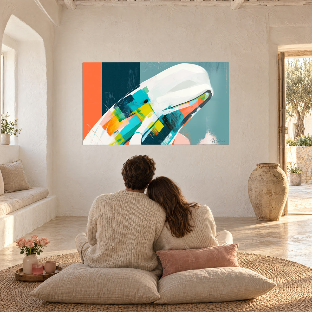 Wall art White beluga head with yellow and salmon pink accents, couple seen from behind on beige cushions, Mediterranean living room