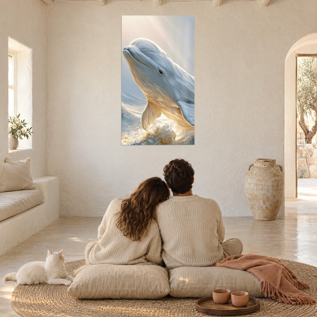 Tableau profil de béluga aux rayons solaires jaune pâle et bleu gris, couple de dos et chat blanc sur un coussin de salon