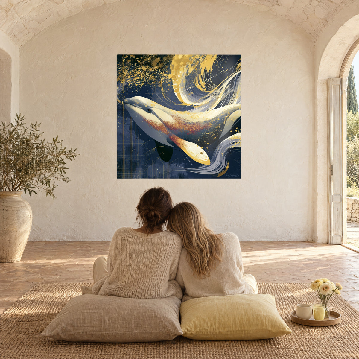 Tableau béluga ivoire et rouille parmi des tourbillons d'or et de bleu nuit, deux personnes de dos assises sur des coussins, mas provençal