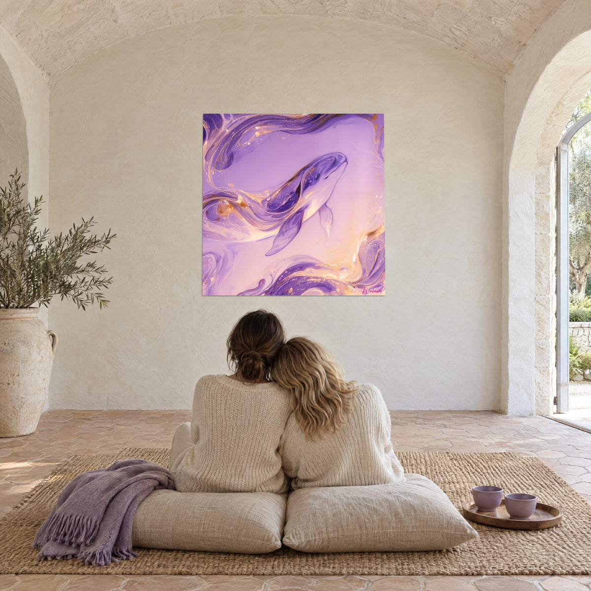Tableau beluga en dérive dans des tourbillons violets et dorés, deux personnes enlacées de dos sur des coussins, mas provençal