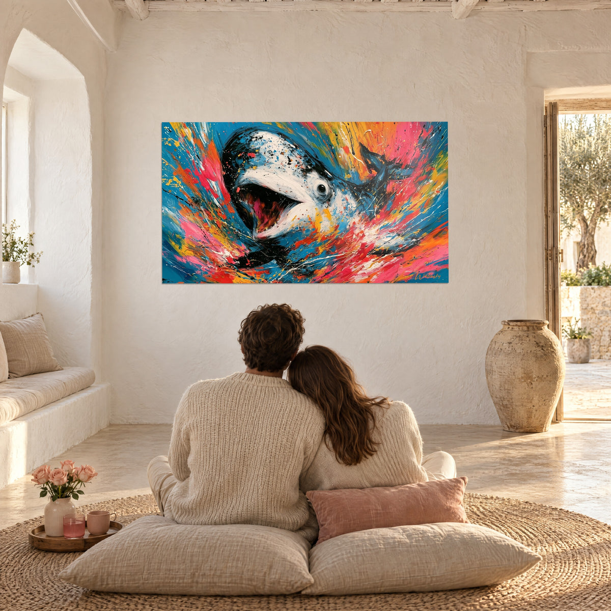 Tableau grand cétacé crème, mâchoire béante, éclats rouge et turquoise, un couple enlacé de dos sur des coussins