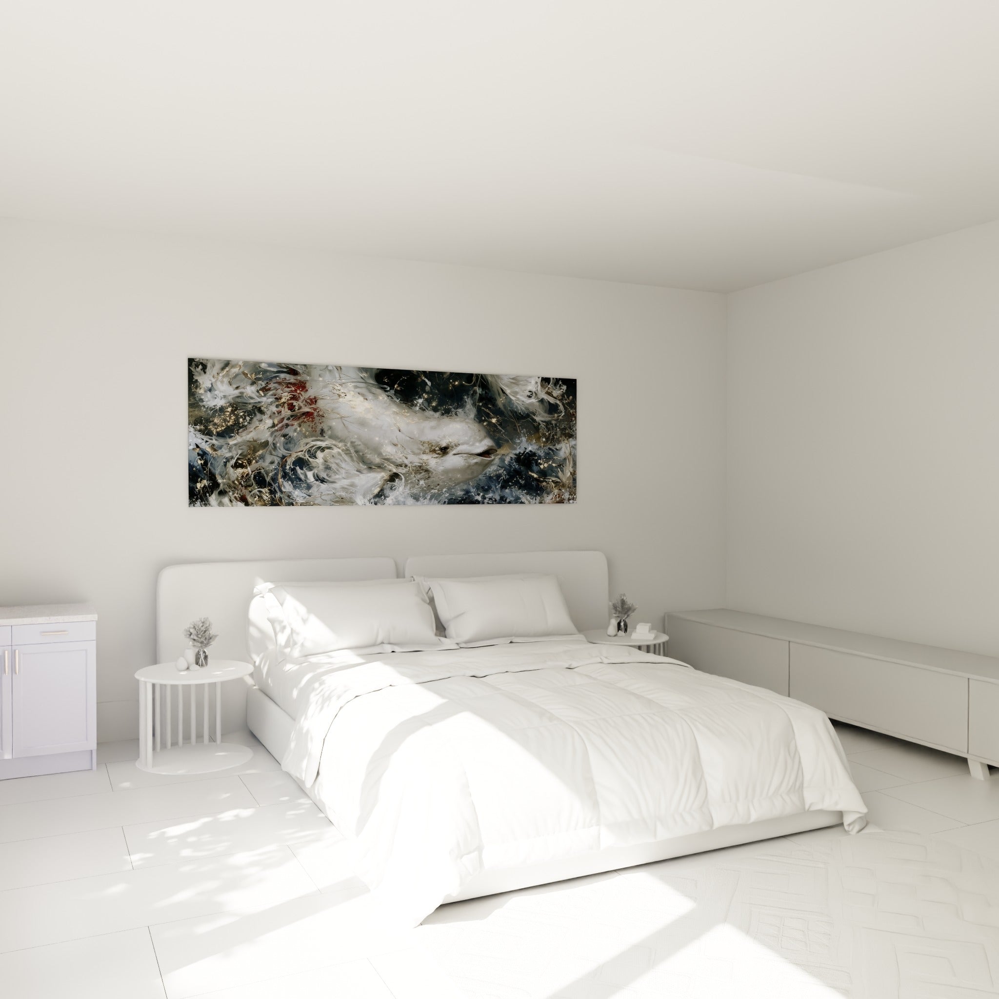 Créature marine blanche et dorée glissant dans l'eau, au-dessus d'un lit dans une chambre claire