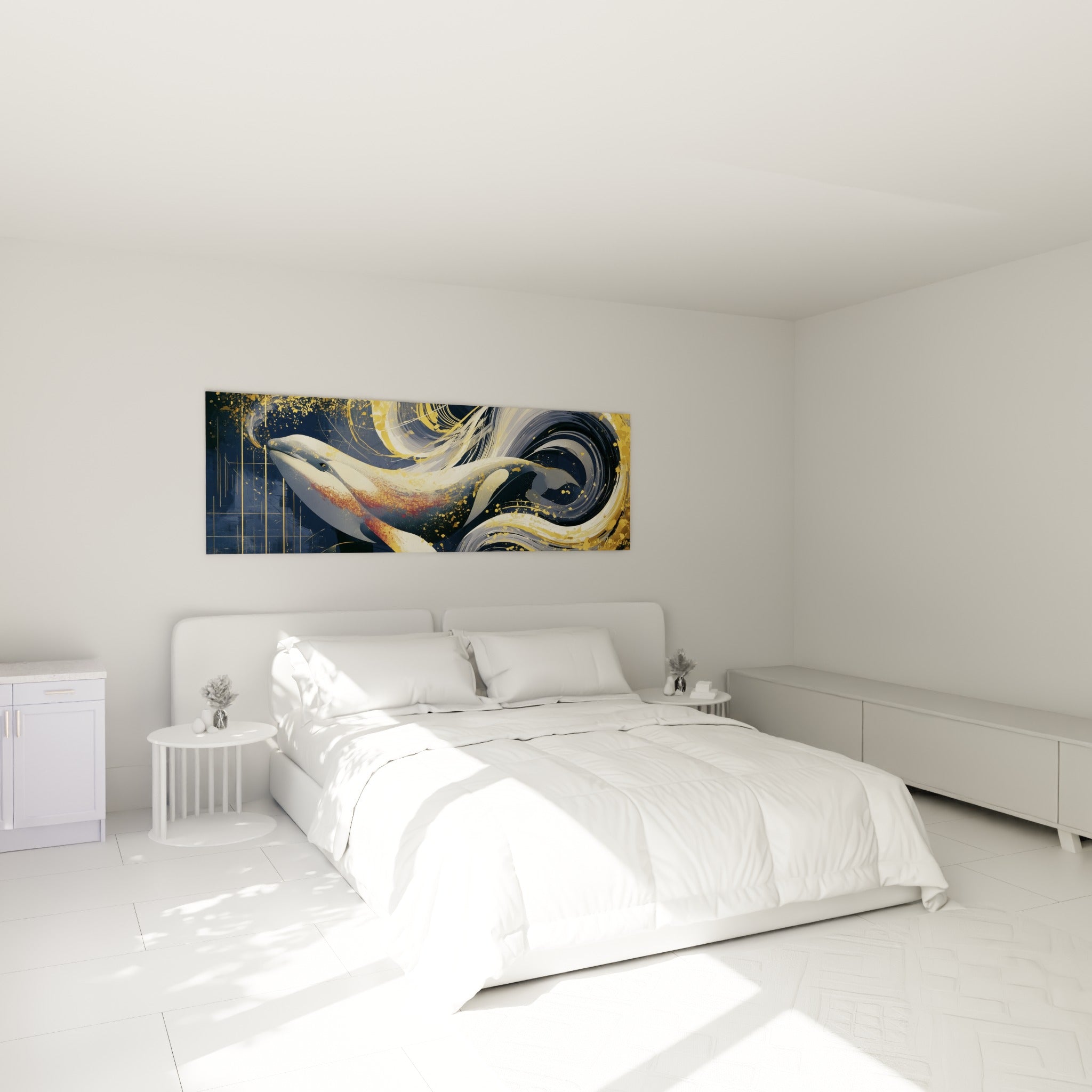 Beluga crème et doré capturé en mouvement, accroché au-dessus d'un lit dans une chambre claire