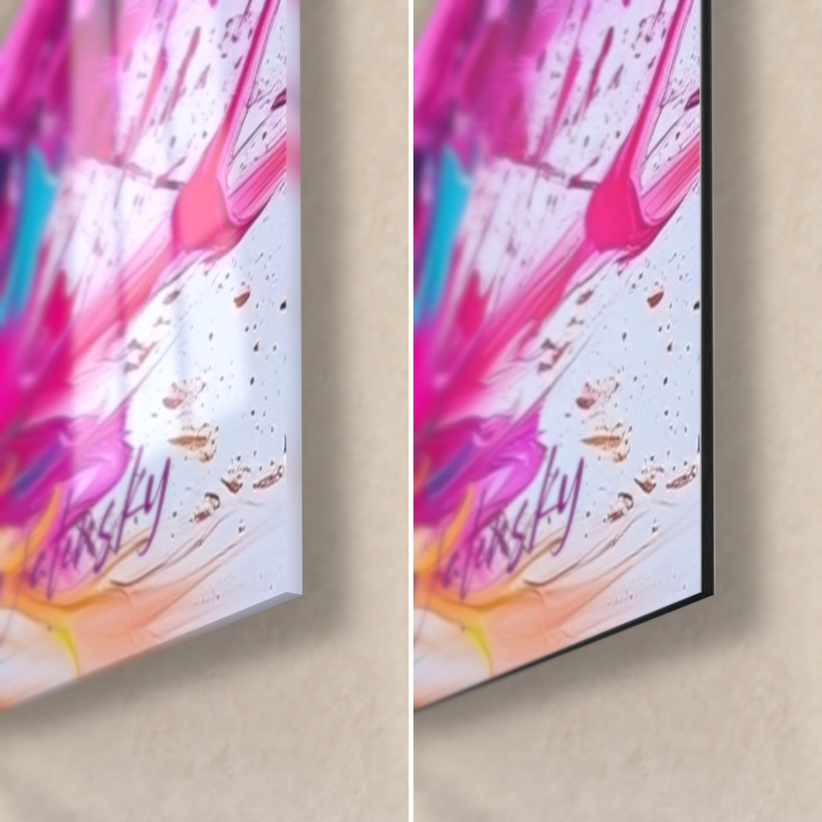 Tableau béluga laqué blanc, coin bas droit : acrylique brillant à reflets rose fuchsia à gauche, Dibond mat noir à droite, tranche de 3 mm
