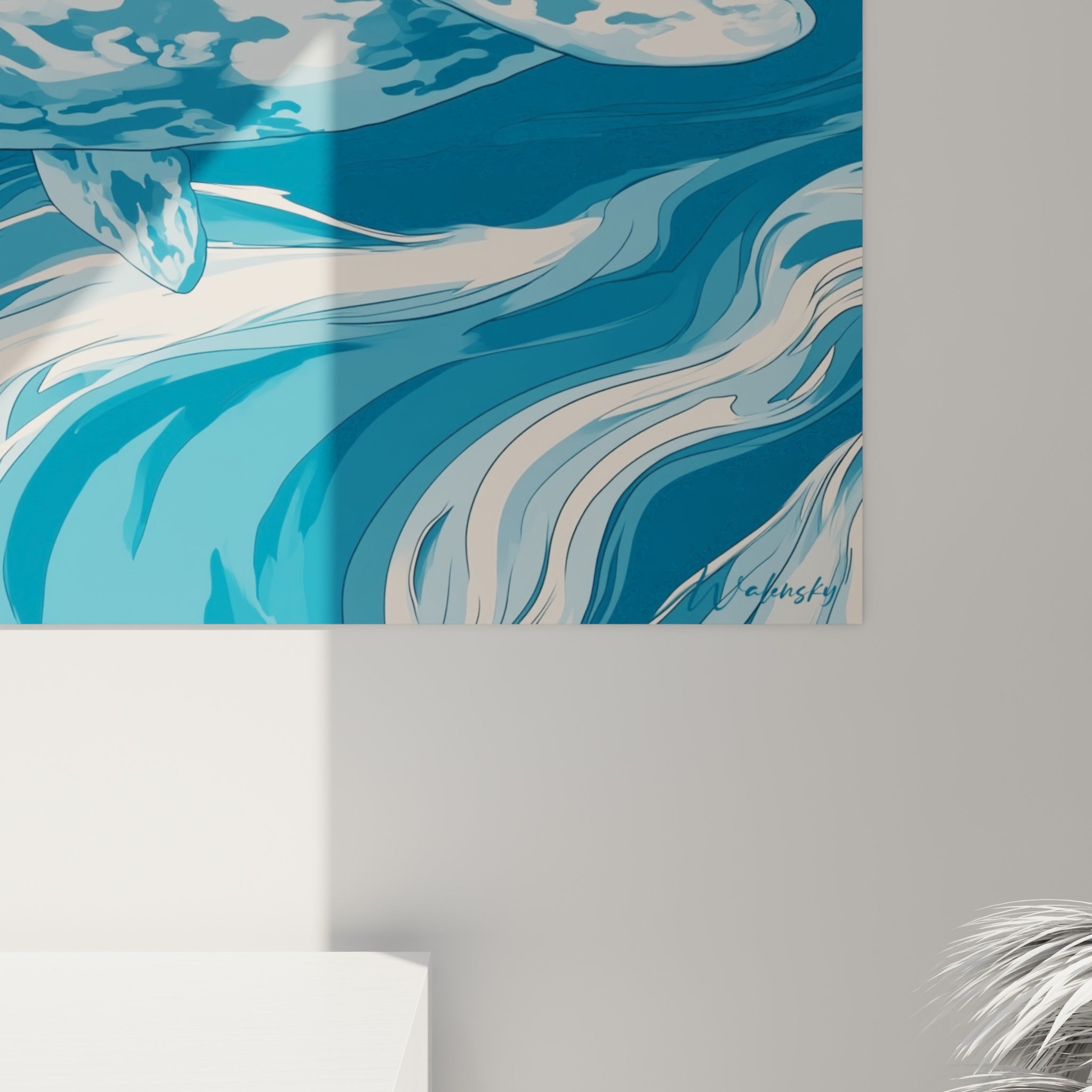 Détail des aplats bleu marine et ivoire du beluga révélant la finesse des lignes tourbillonnantes imprimées