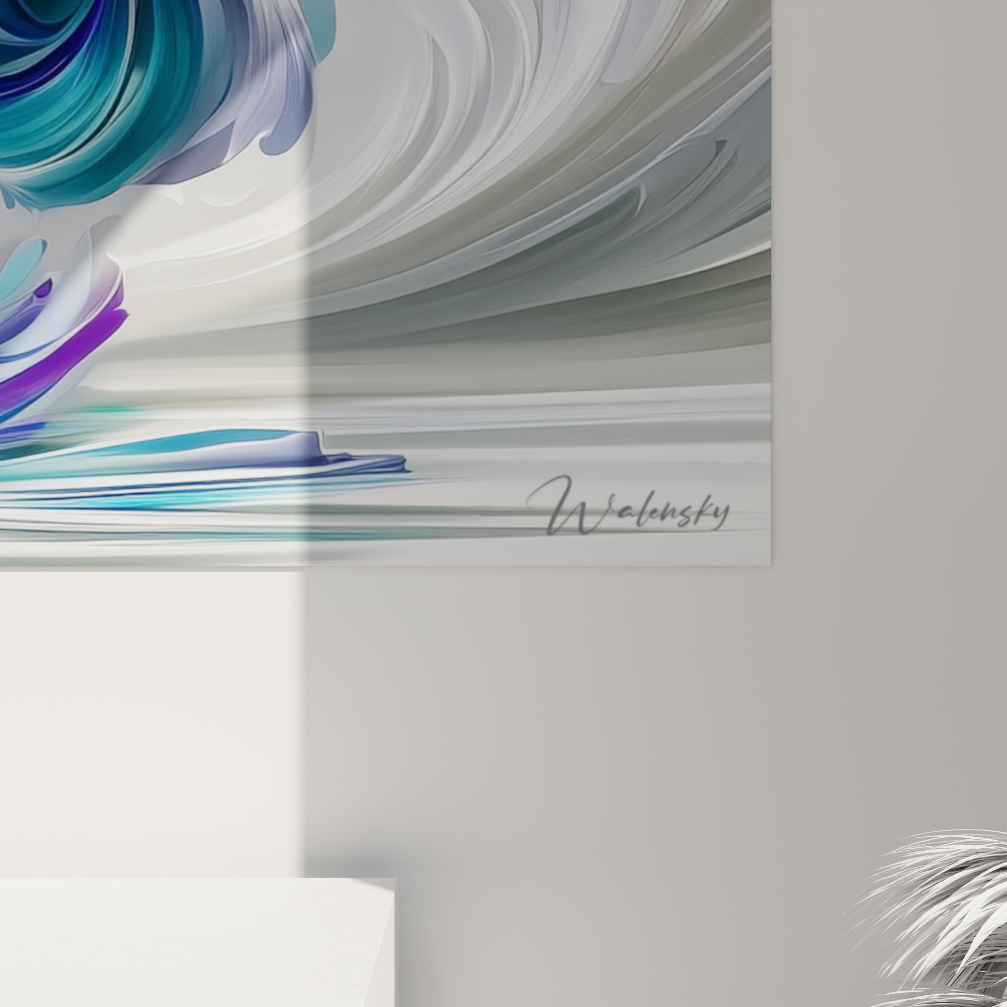 Détail des volutes turquoise et violettes révélant les nuances lisses et le grain de l'impression du beluga
