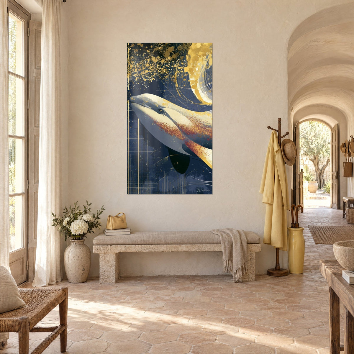 Quadro cetaceo bianco perlato punteggiato di ruggine e oro, fondo indaco, sopra una panca di pietra in un corridoio a volta