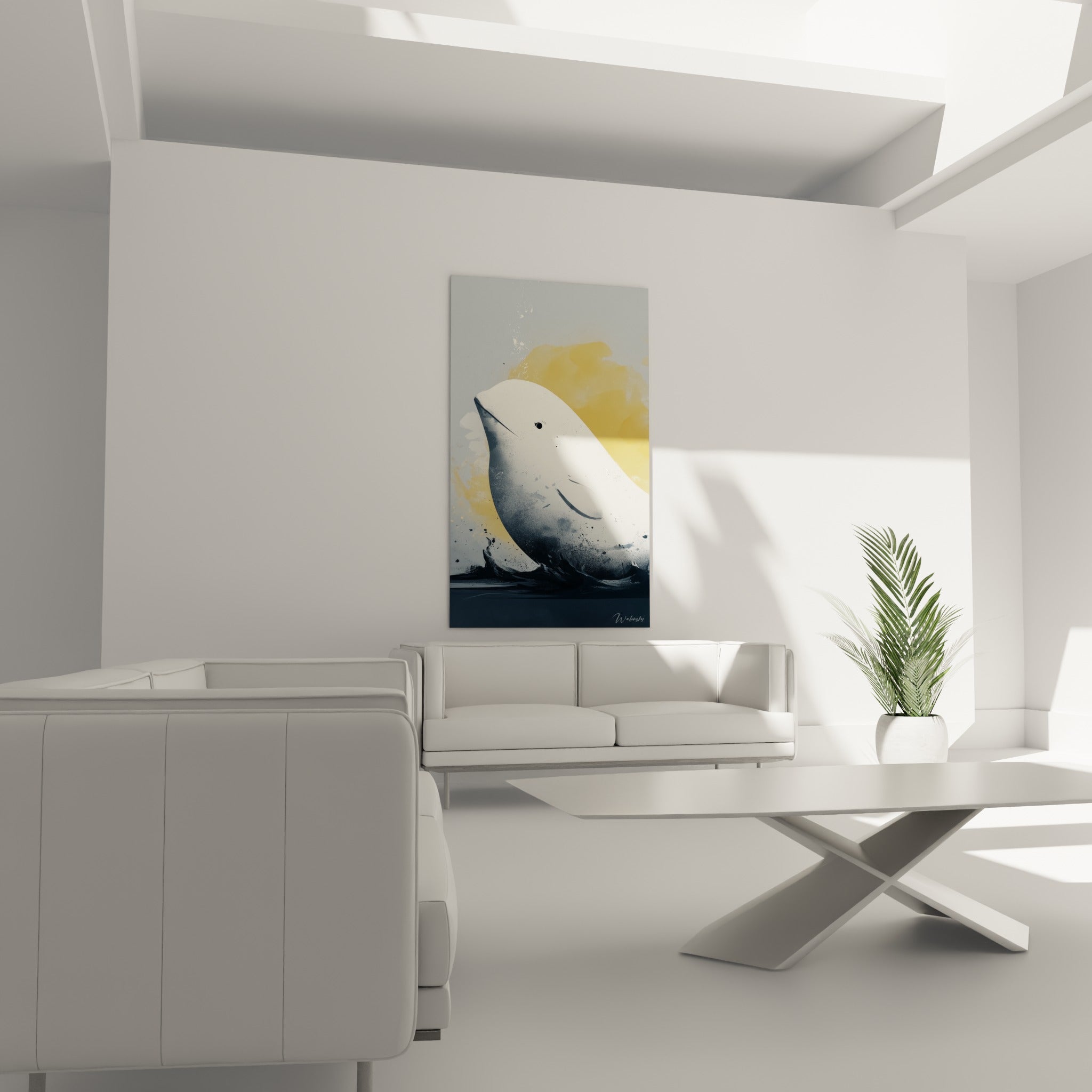 Baleine blanche cernée d'ocre doré au-dessus d'un canapé dans un salon lumineux