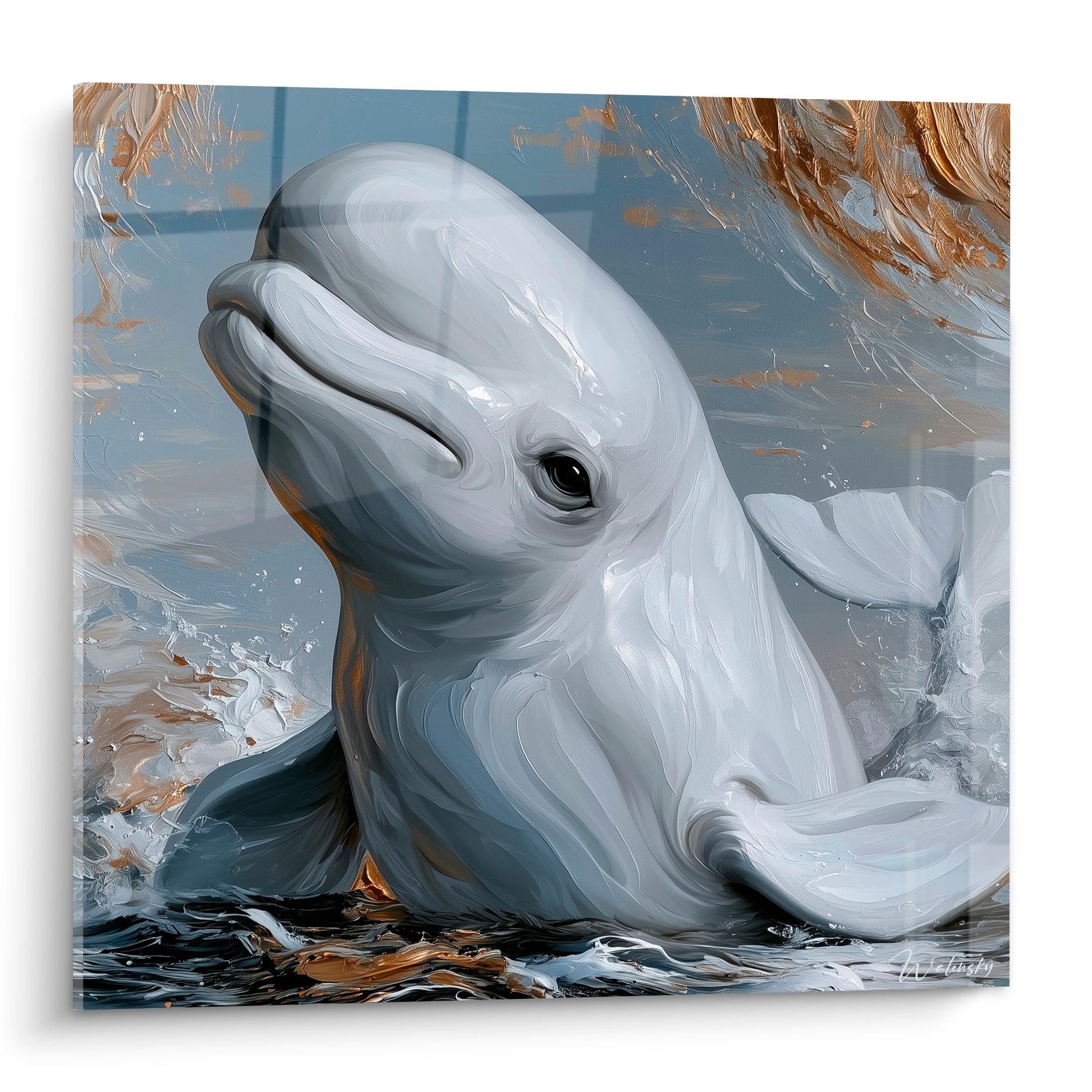 Beluga blanc surgissant de l'eau anthracite, tête levée, éclats dorés en arrière-plan sur toute la toile
