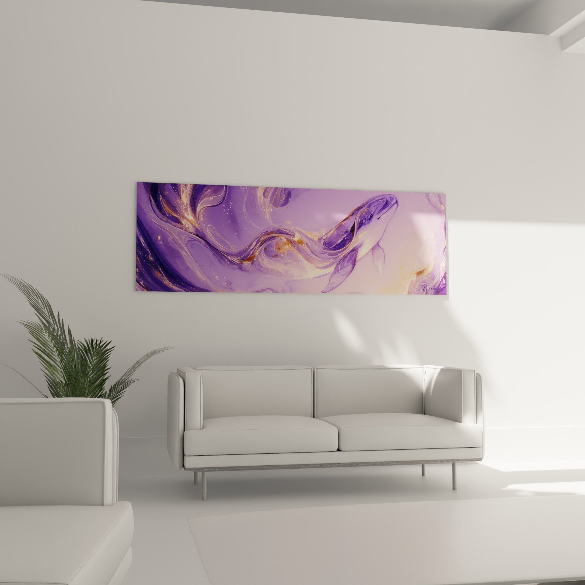 Beluga aux teintes violettes et ambrées glissant dans une composition abstraite, au-dessus d'un canapé dans un salon lumineux