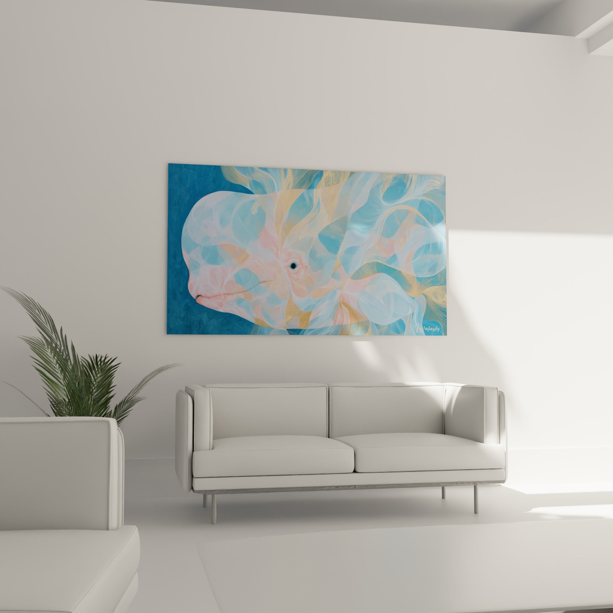 Béluga bleu marine et pastel entouré de rubans dorés, suspendu au-dessus d'un canapé dans un salon lumineux