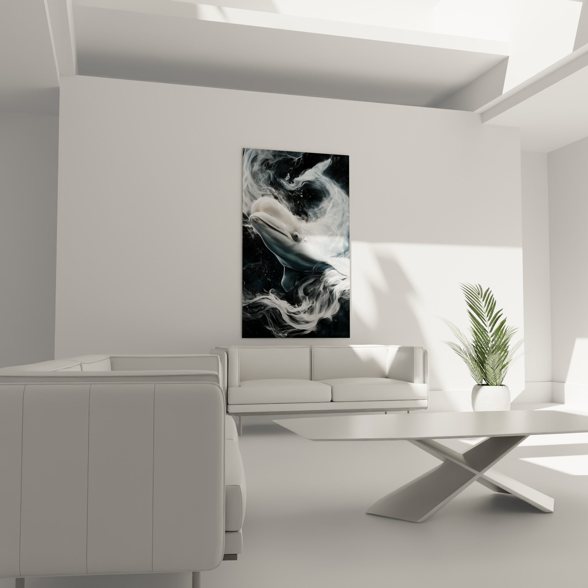 Silhouette blanche aux volutes anthracite et touches dorées, placée au-dessus d'un canapé dans un salon lumineux