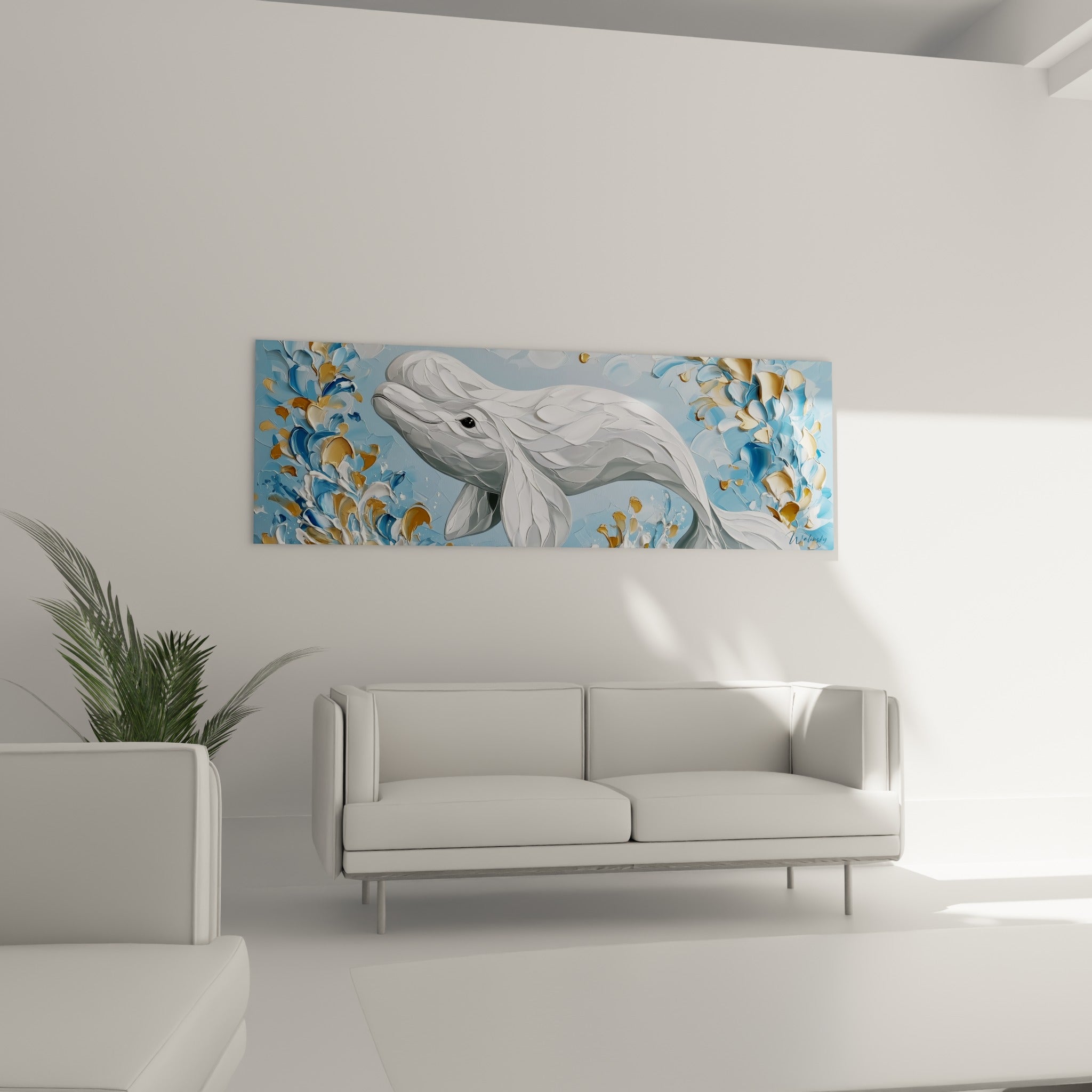 Silhouette de beluga blanche sur fond bleu pastel et doré, au-dessus d'un canapé dans un salon lumineux