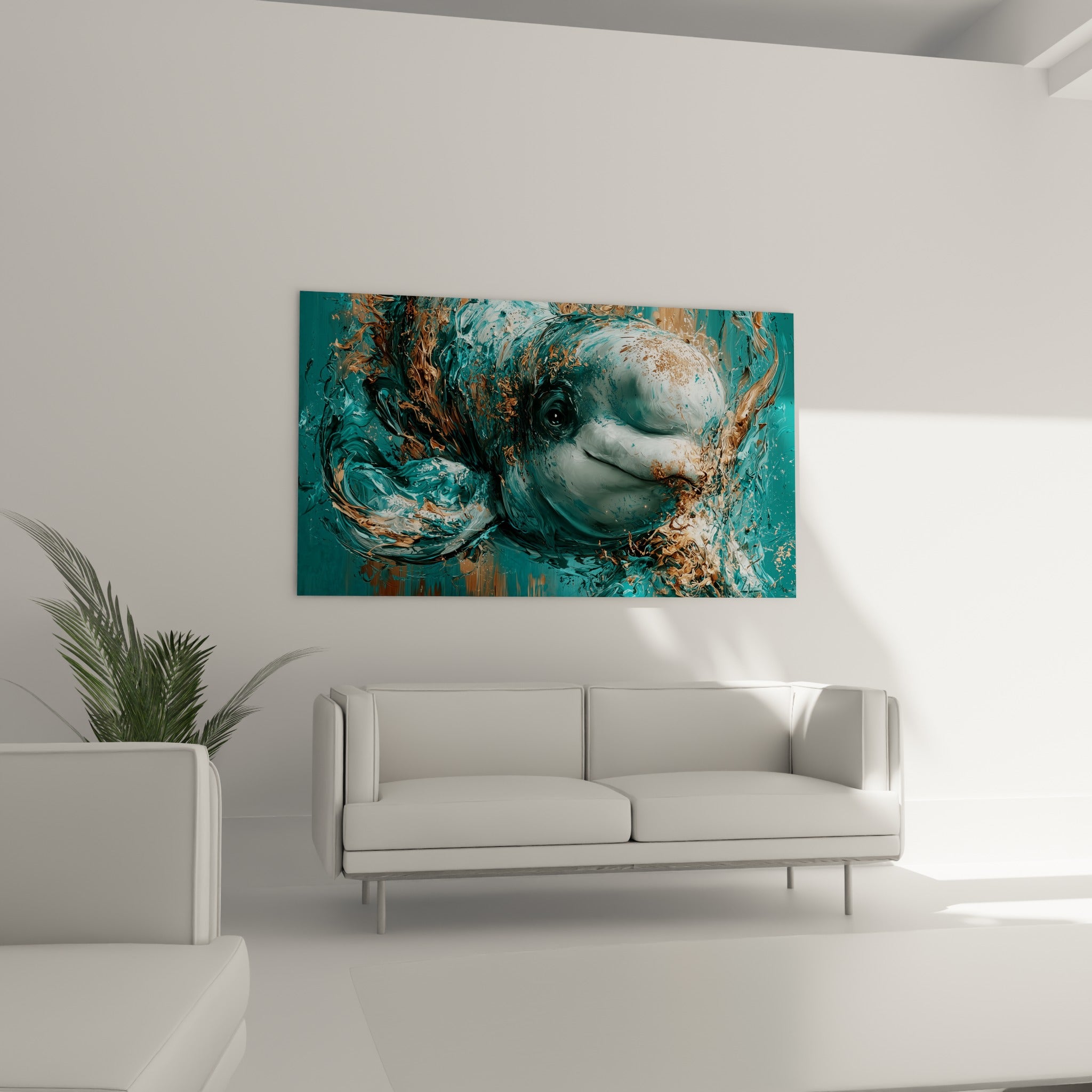 Sourire doux du Beluga dans des tons turquoise et bronze, au-dessus d'un canapé dans un salon lumineux