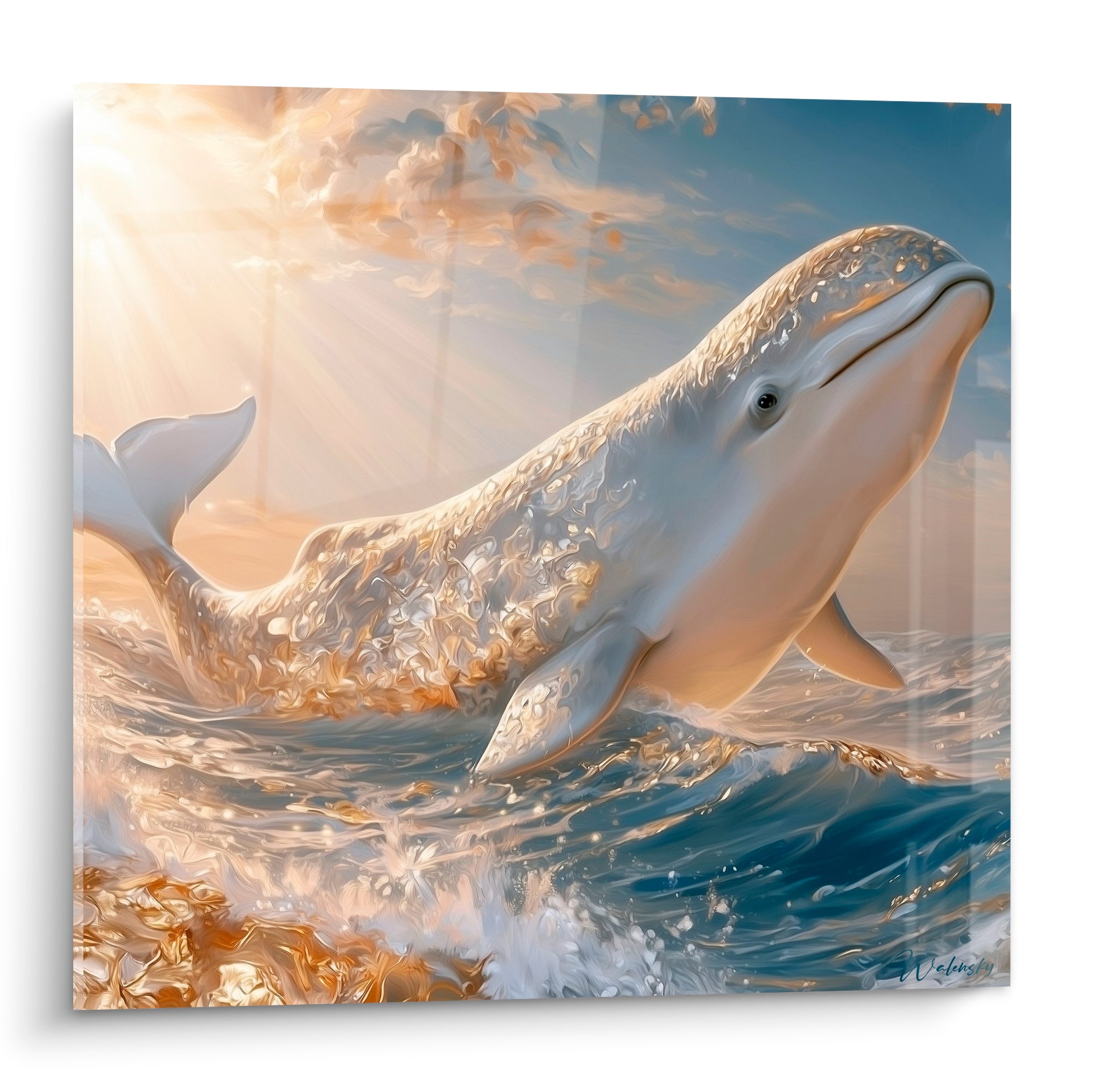 Beluga doré jaillit des vagues bleu marine sous une lumière solaire éclatante et des nuages ocre