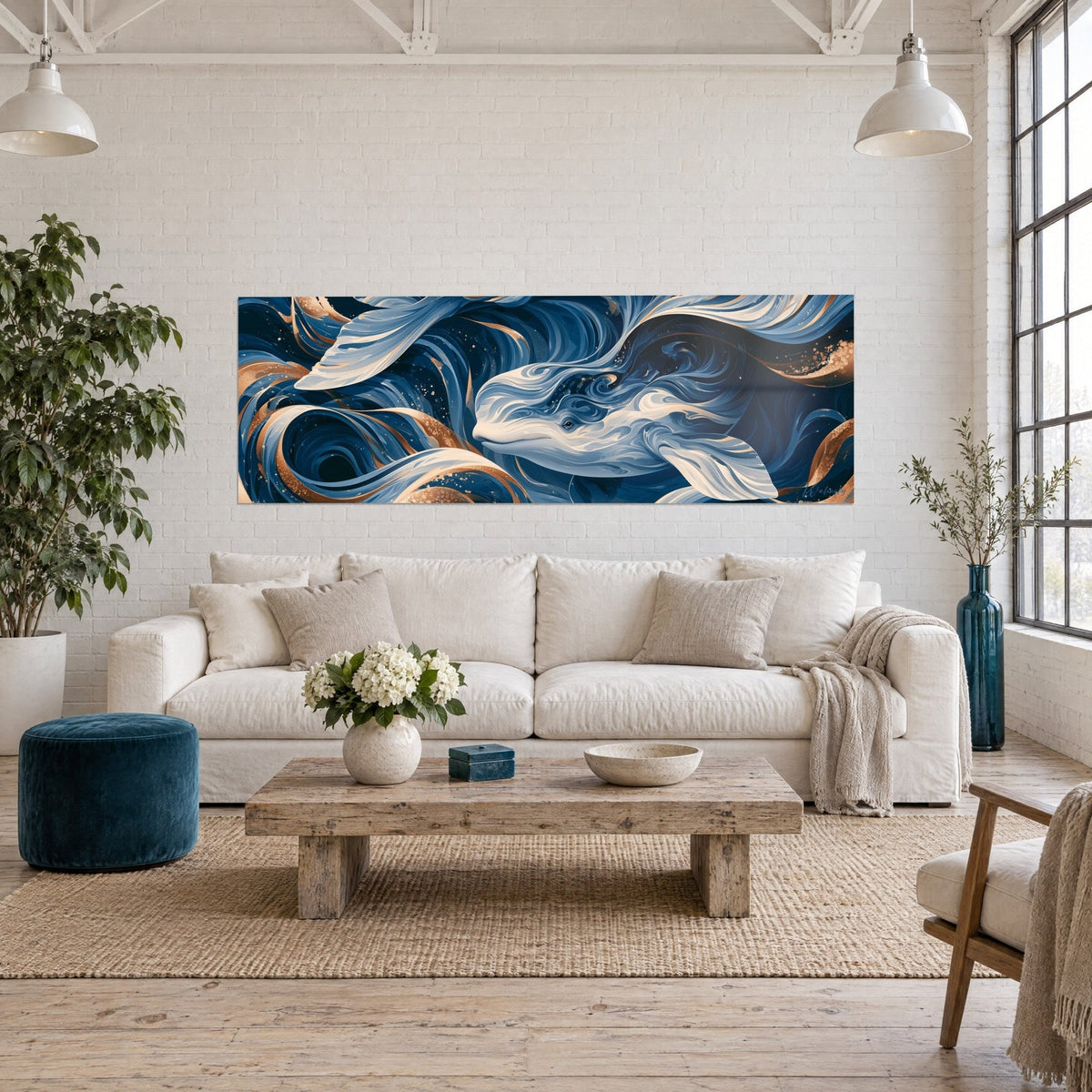 Tableau baleine blanche aux tourbillons marins bleu marine et rubans cuivrés, grand format, au-dessus d'un canapé dans un salon lumineux