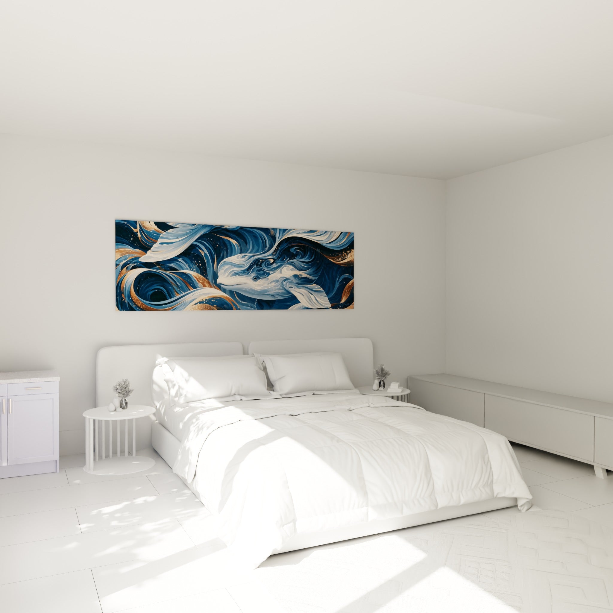 Beluga aux teintes bleu nuit et dorées, tourbillons marins au-dessus d'un lit dans une chambre claire