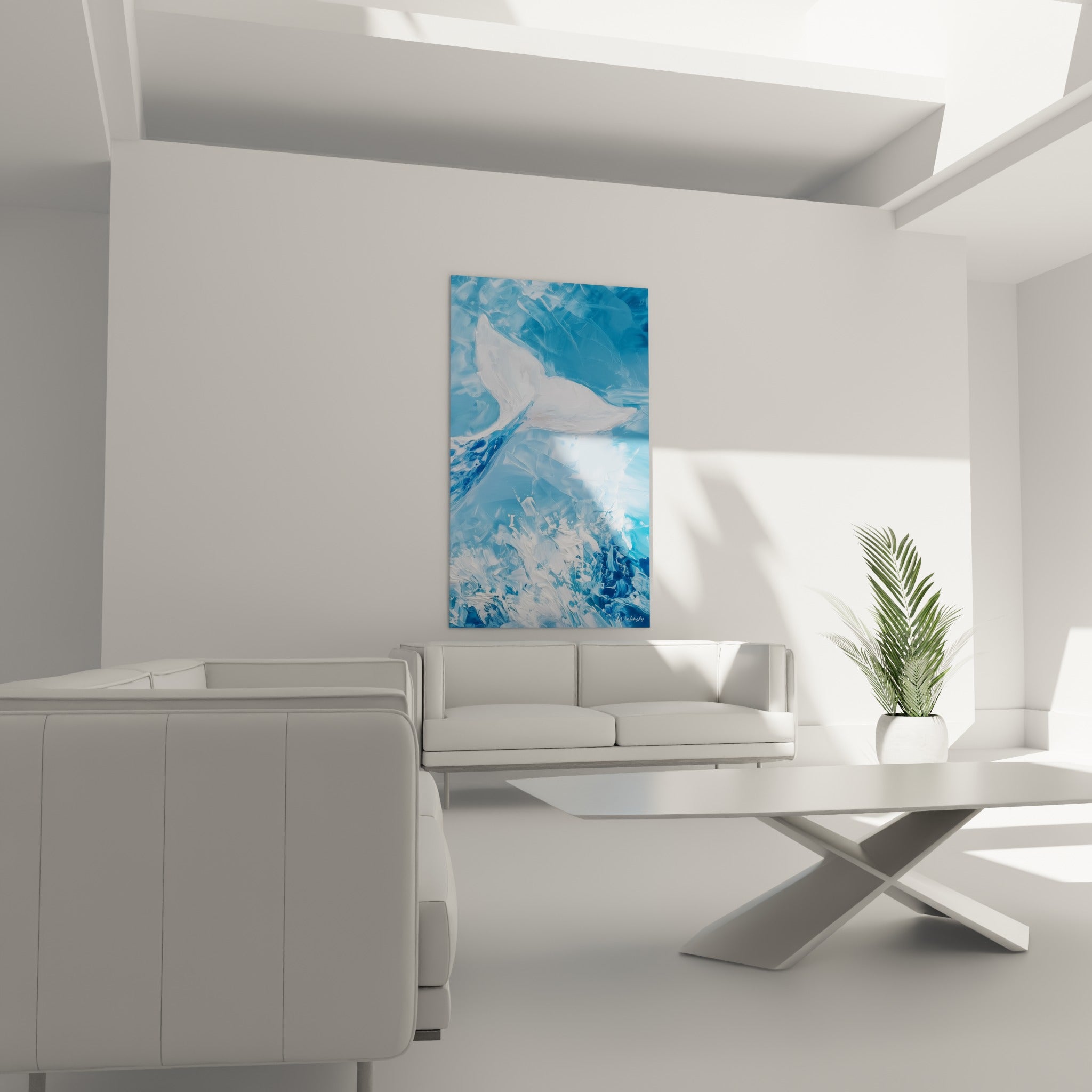 Éclaboussures bleu turquoise et blanches entourant la nageoire du Beluga, au-dessus d'un canapé dans un salon lumineux