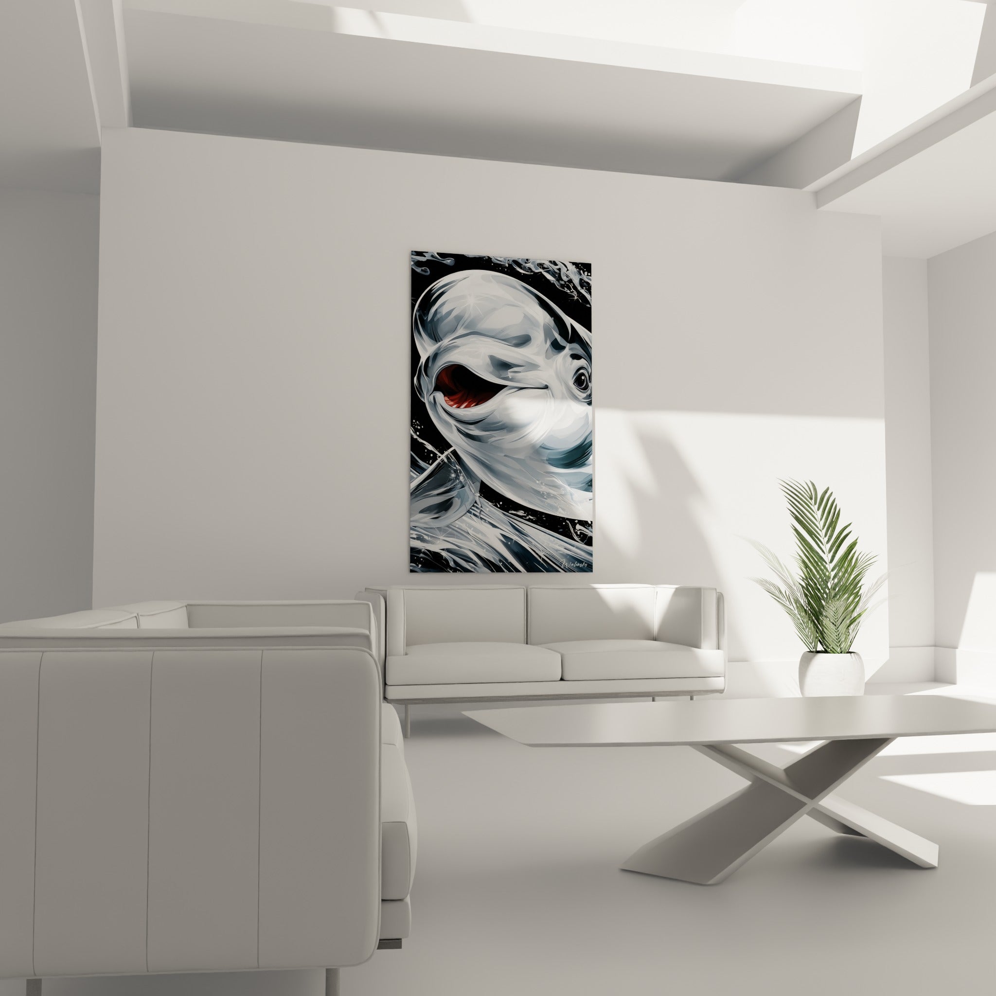 Mouvement gracieux du Beluga anthracite et blanc au-dessus d'un canapé dans un salon lumineux