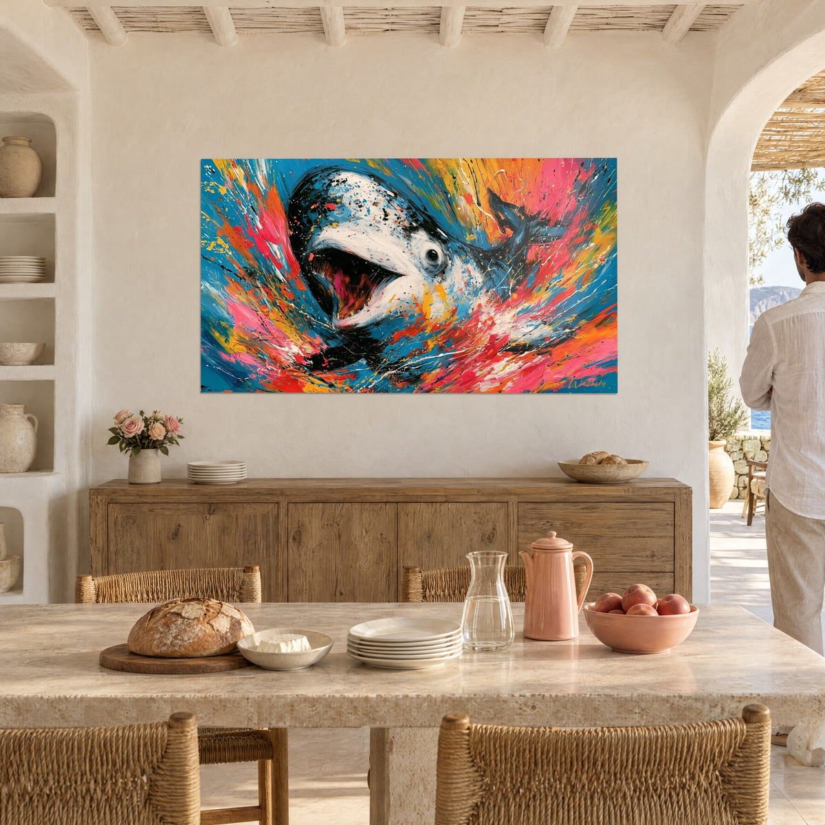 Tableau mammifère marin aux traînées jaune moutarde et corail, bleu profond, dans une salle à manger de style méditerranéen