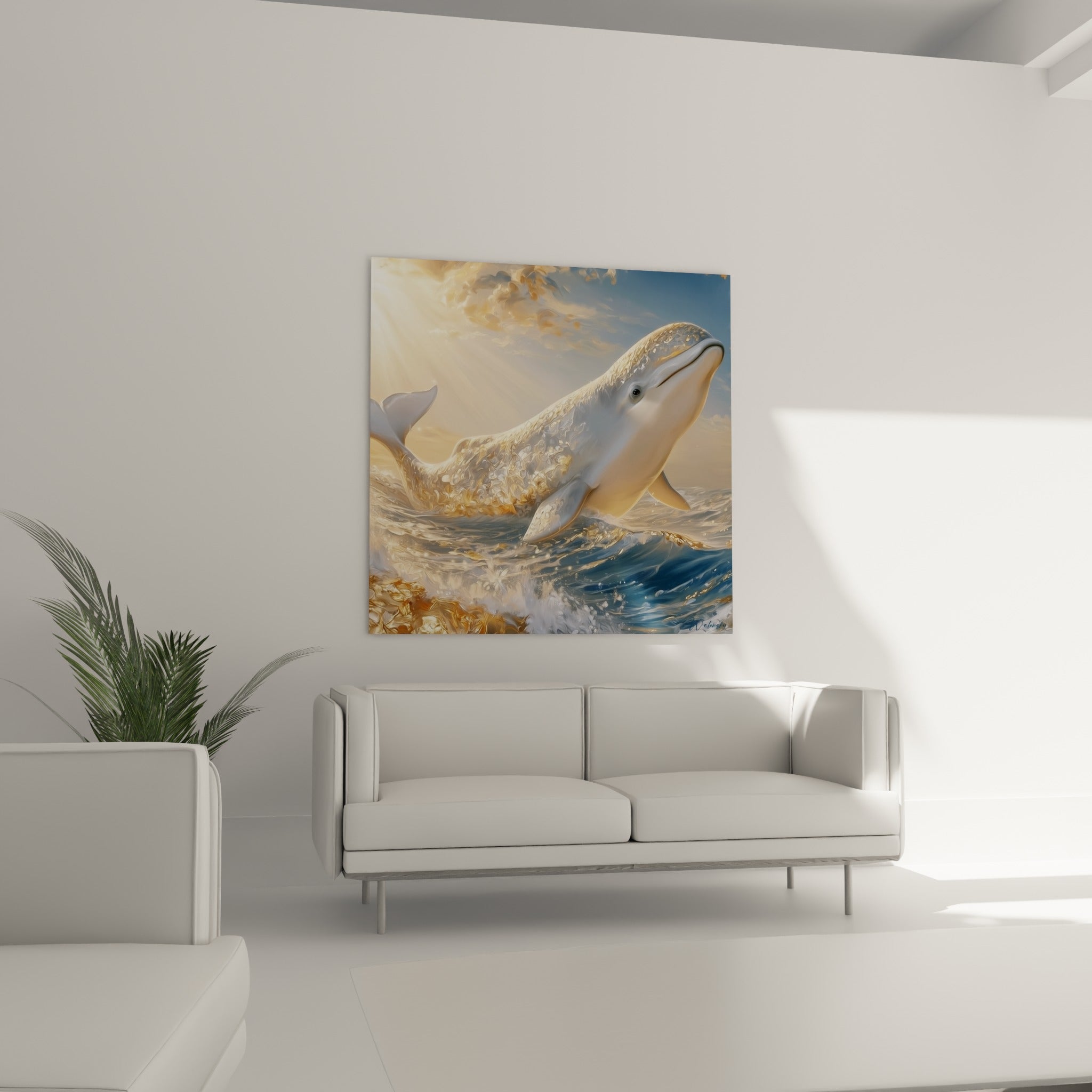 Beluga bleu marine et ocre bondissant hors de l'eau, au-dessus d'un canapé dans un salon lumineux