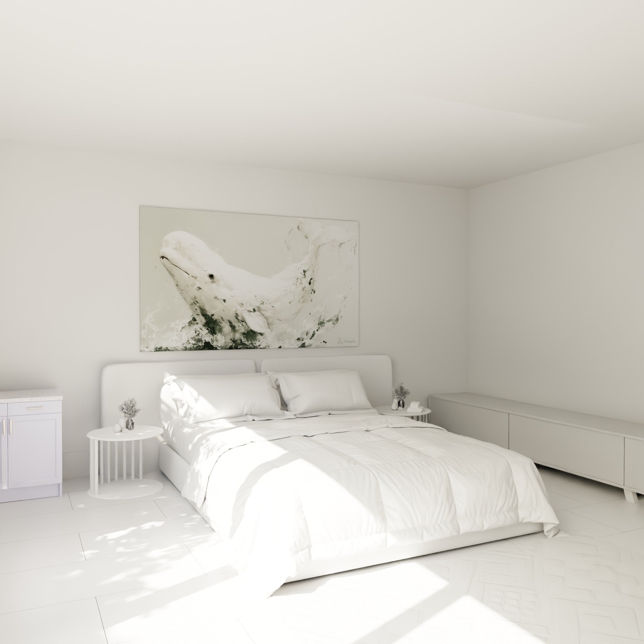 Beluga en plein saut, corps blanc et remous verts, au-dessus d'un lit dans une chambre claire