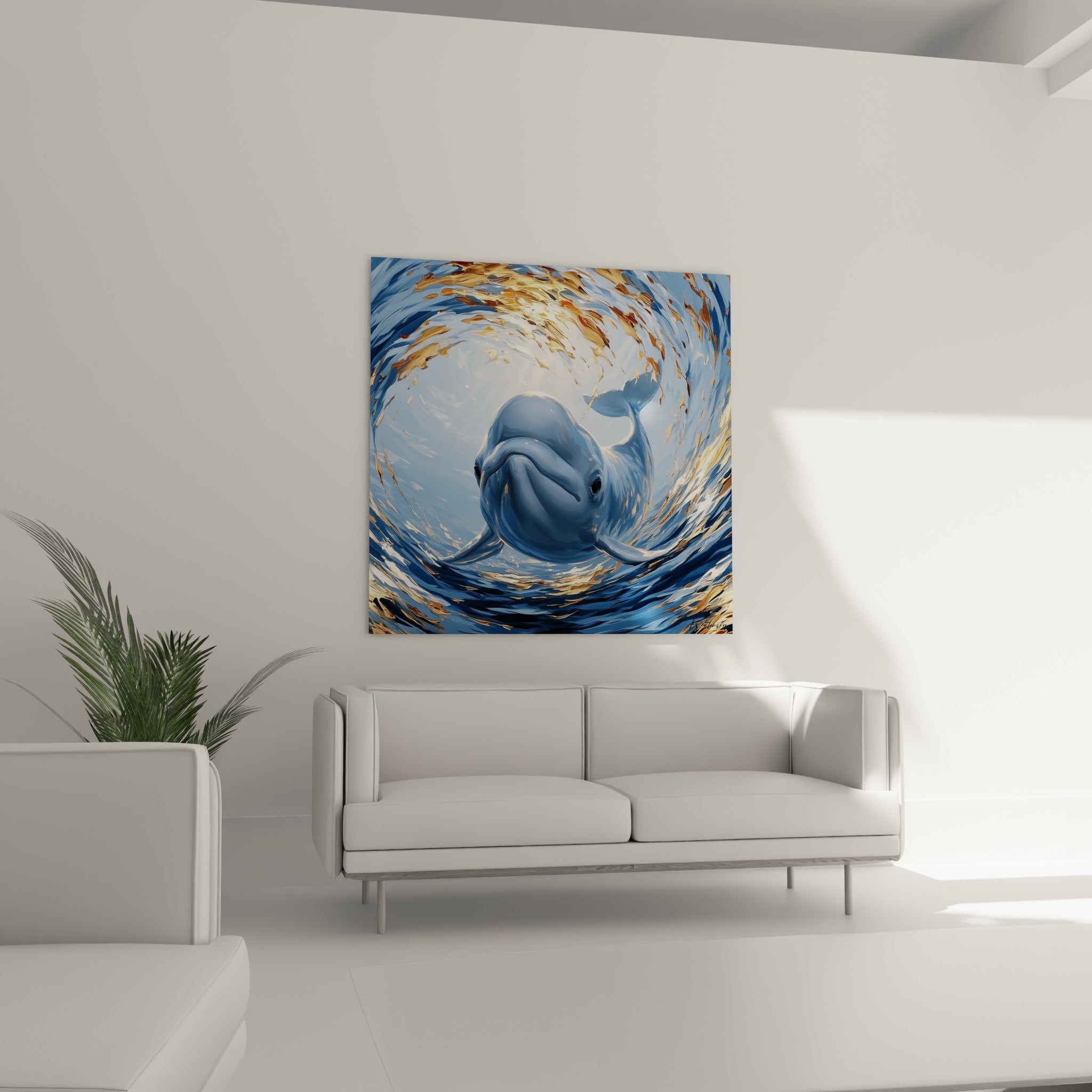 Mammifère marin blanc dans un tourbillon d'eau bleu et doré, au-dessus d'un canapé dans un salon lumineux