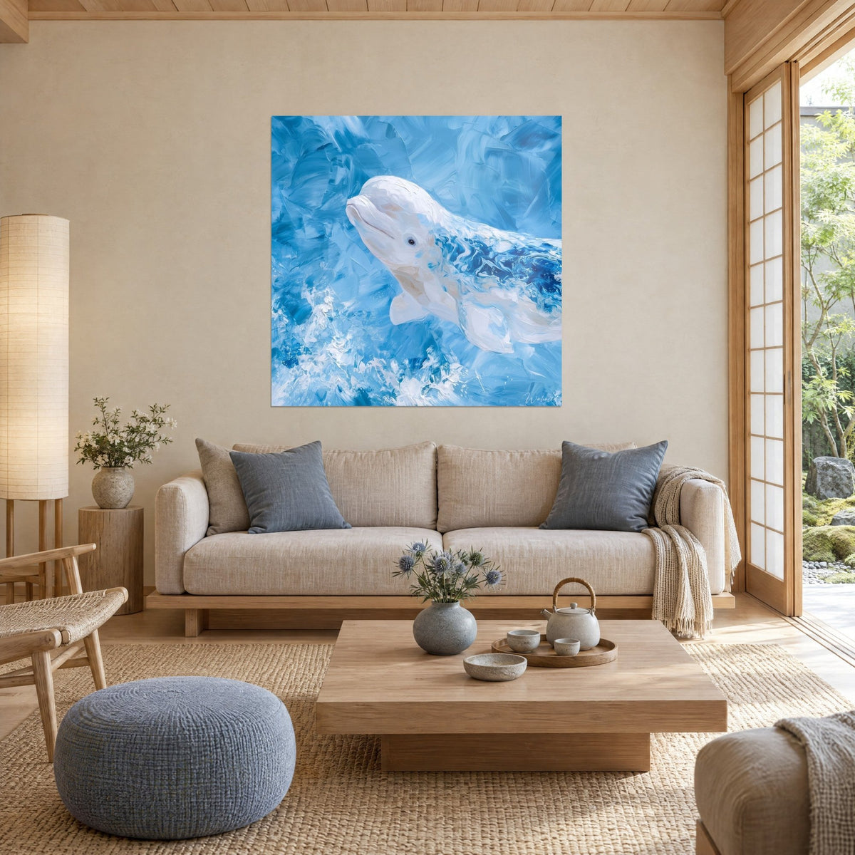 Tableau cétacé blanc crème émergeant d'un bleu glacier, coups de couteau épais, au-dessus d'un canapé dans un salon lumineux