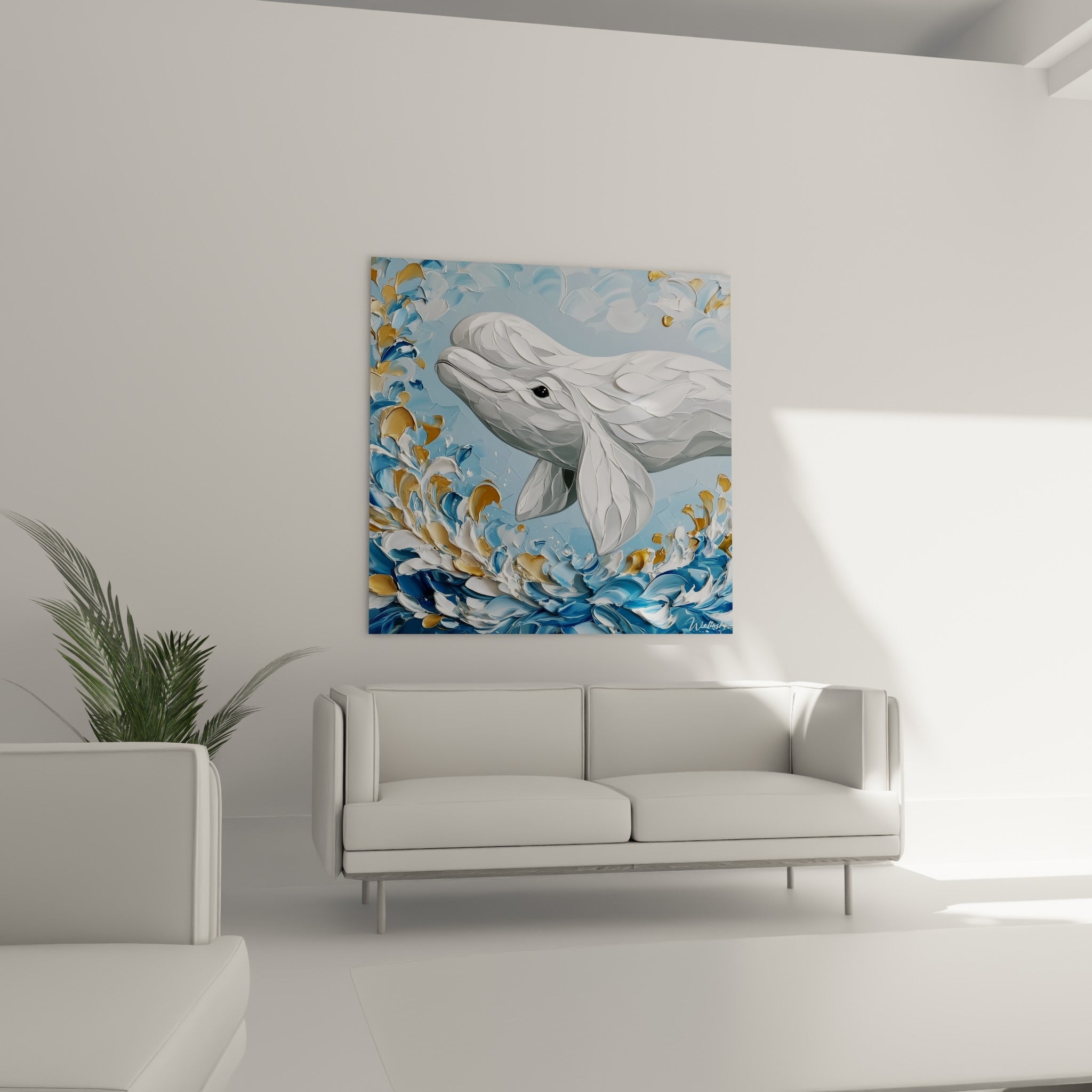 Beluga blanc entouré d'écume dorée et bleu marine, au-dessus d'un canapé dans un salon lumineux