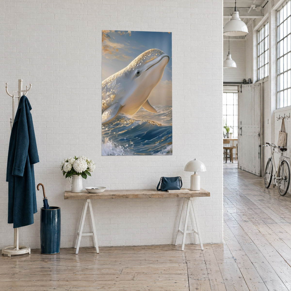Quadro balena bianca dal sorriso sereno, onde indaco e bagliori d'oro, appeso di tre quarti accanto a una console in legno