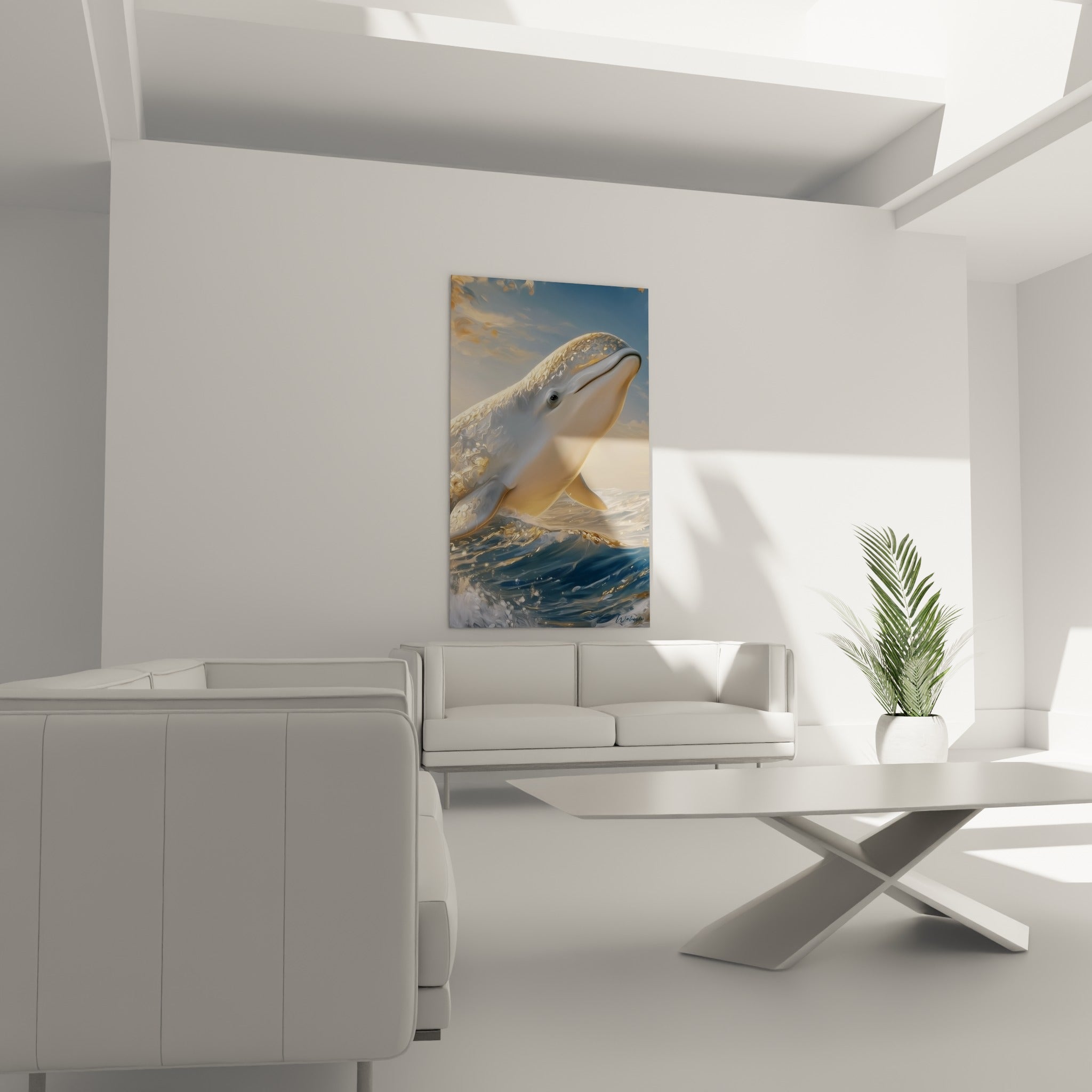 Silhouette blanche et crème du cétacé traversant l'écume dorée, au-dessus d'un canapé dans un salon lumineux