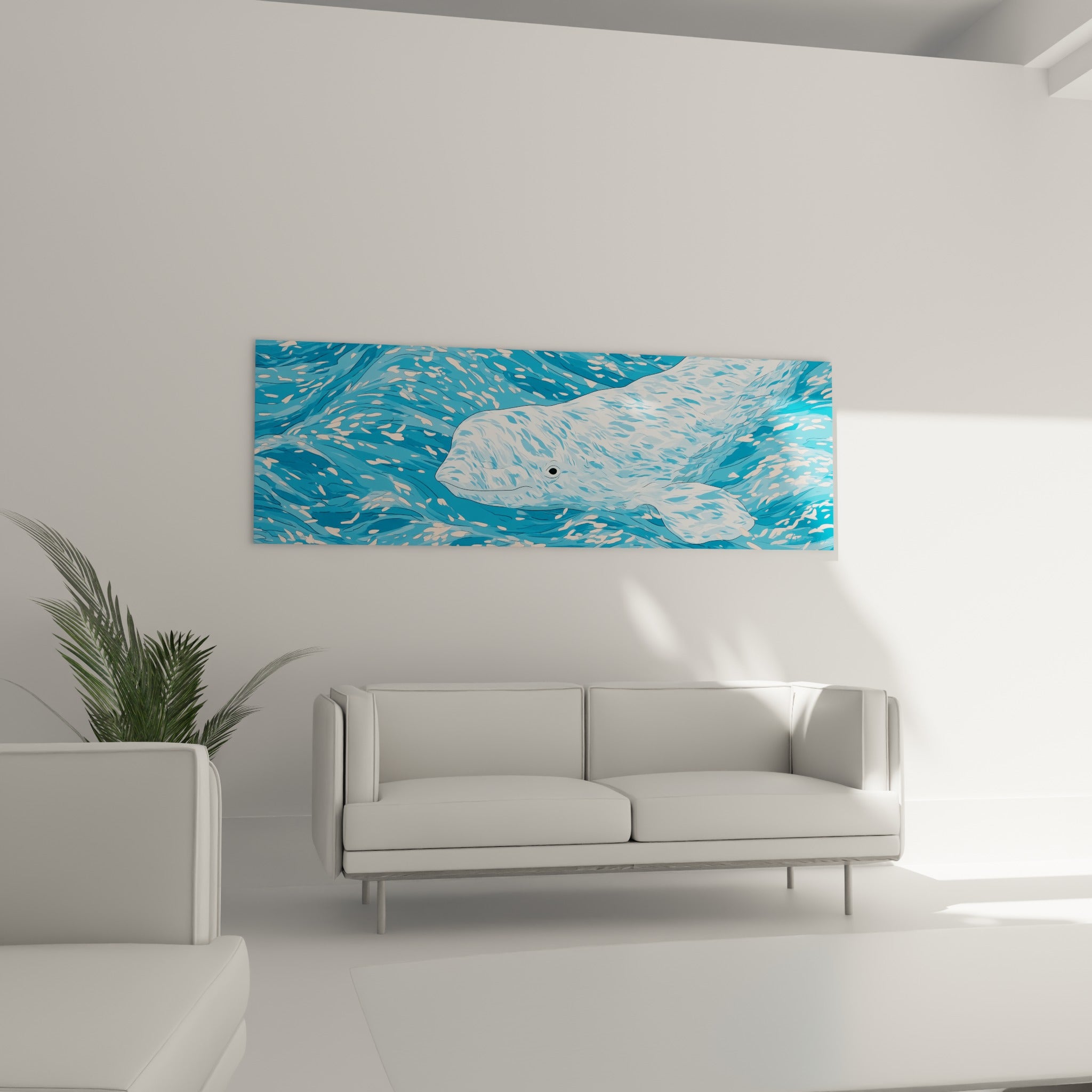 Baleine blanche entourée d'écume et de bleu turquoise scintillant, au-dessus d'un canapé dans un salon lumineux