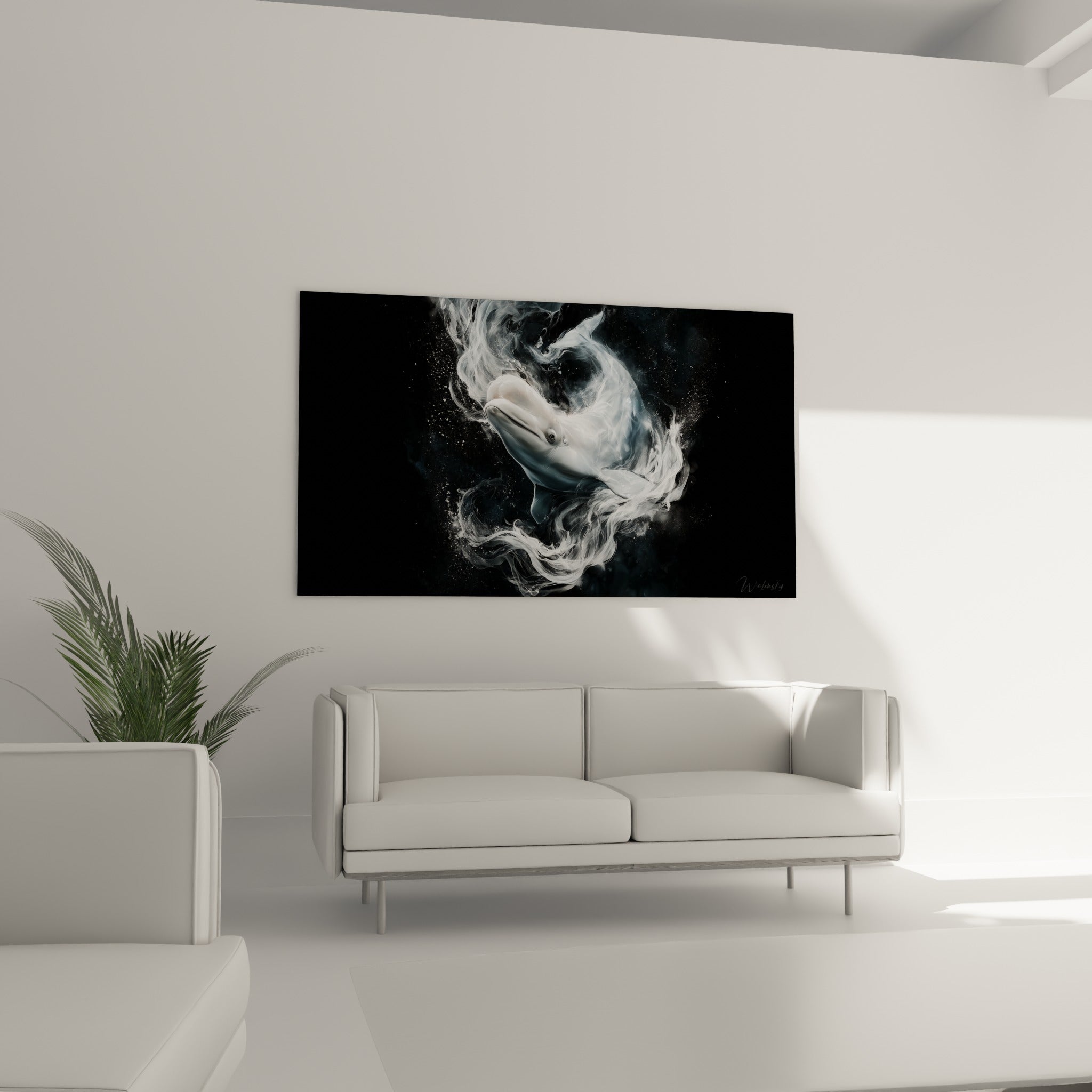 Beluga blanc surgissant d'un tourbillon anthracite, au-dessus d'un canapé dans un salon lumineux
