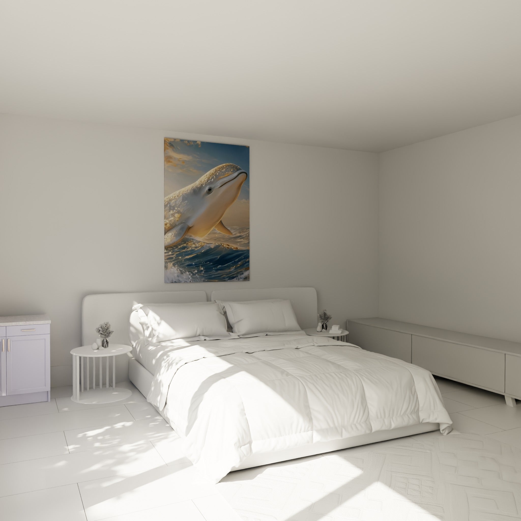 Créature marine dorée émergeant des flots bleu marine, accrochée au-dessus d'un lit dans une chambre claire