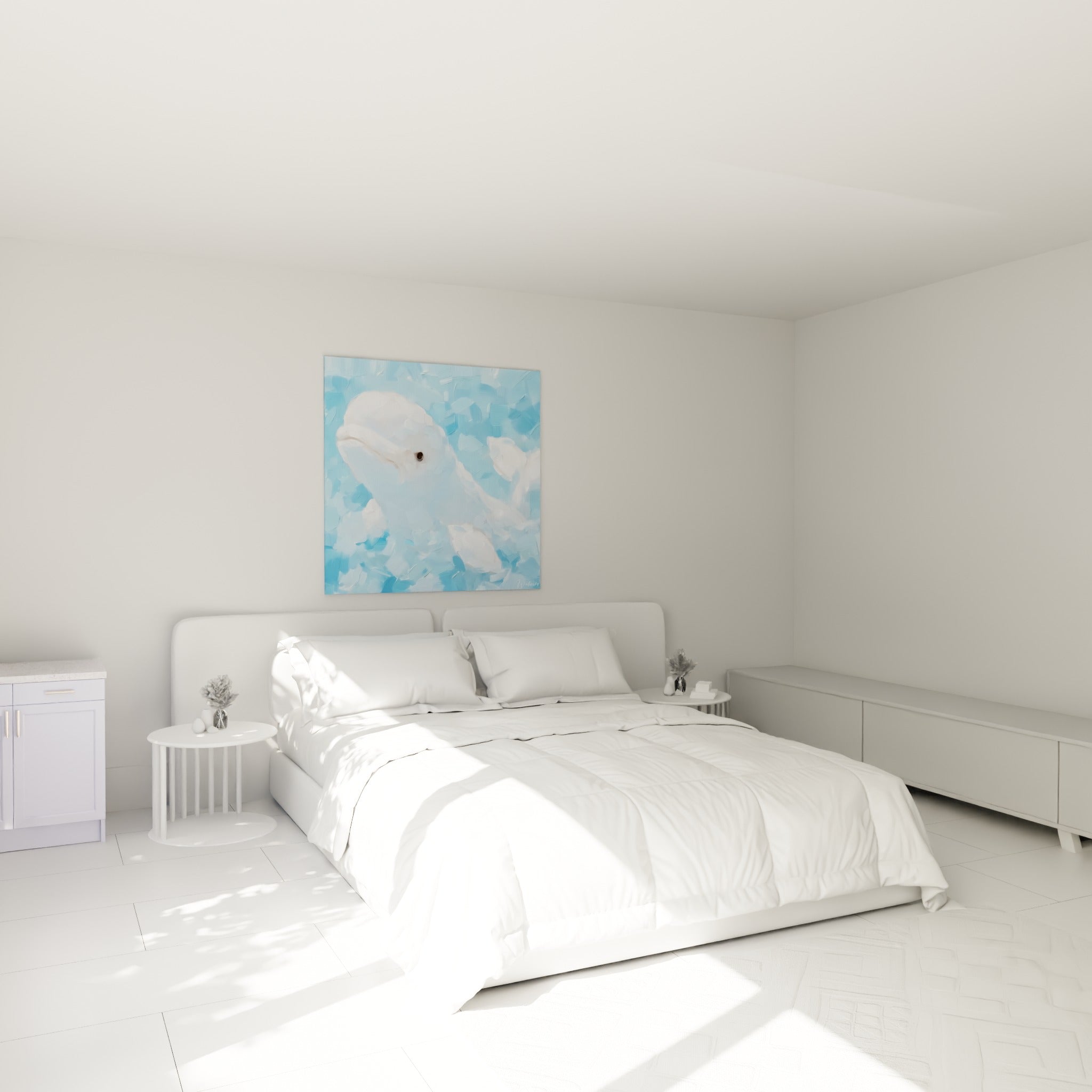 Baleine blanche aux teintes bleu pastel nageant doucement, accrochée au-dessus d'un lit dans une chambre claire