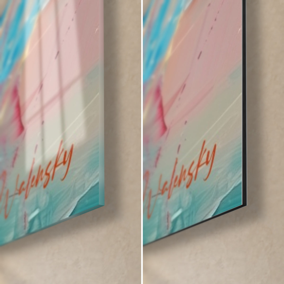 Tableau baleine blanche aux touches turquoise et rose, coin bas droit en verre brillant et alu Dibond mat, tranche de 3 mm visible