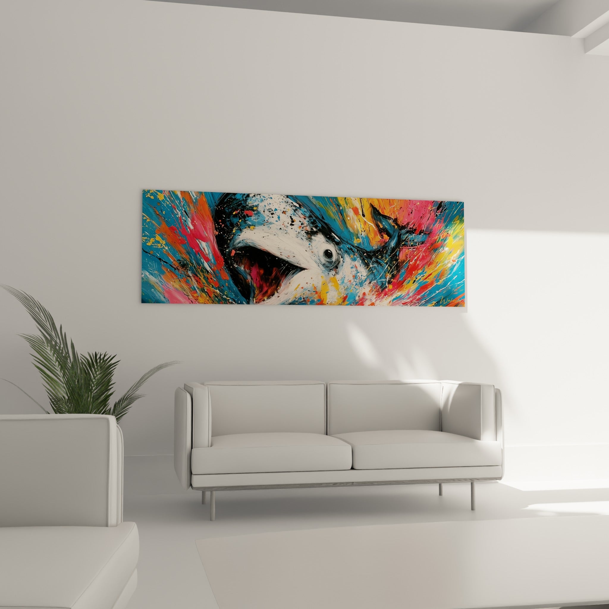 Créature marine dorée et fuchsia à la gueule béante accrochée au-dessus d'un canapé dans un salon lumineux