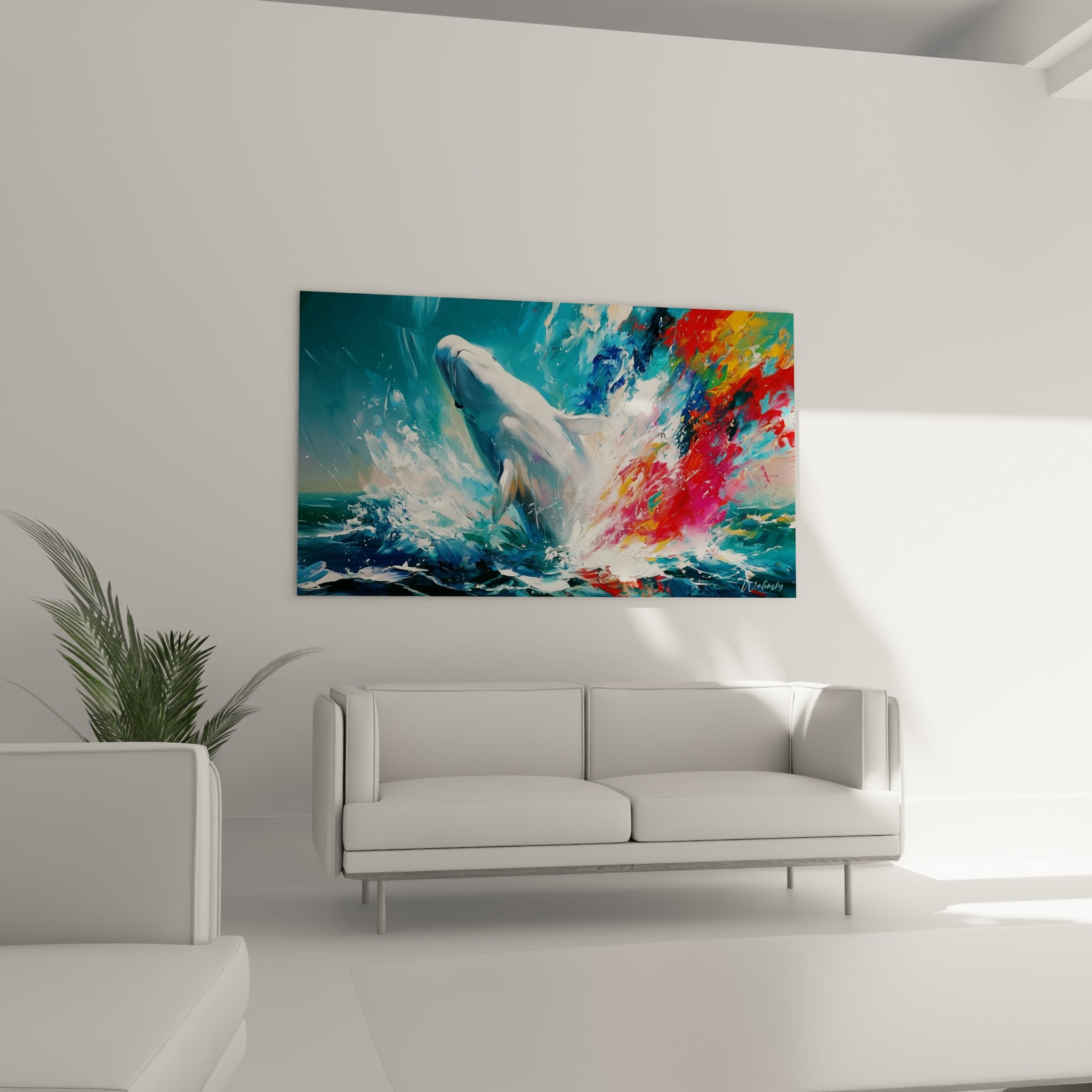 Bond du Beluga dans une explosion de rose fuchsia et de bleu pétrole, au-dessus d'un canapé dans un salon lumineux