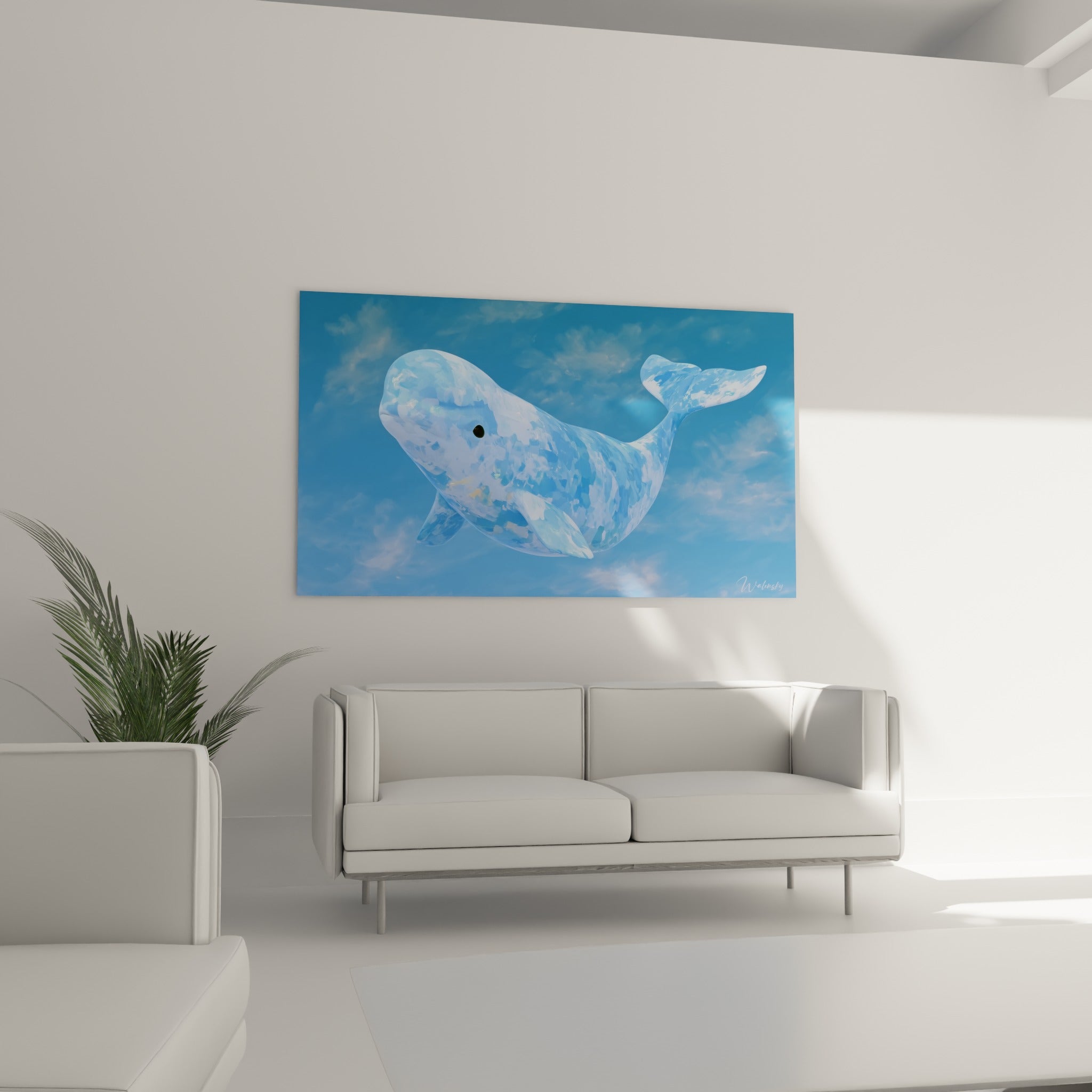 Beluga aux teintes bleu glacier et blanc immaculé, queue relevée, au-dessus d'un canapé dans un salon lumineux