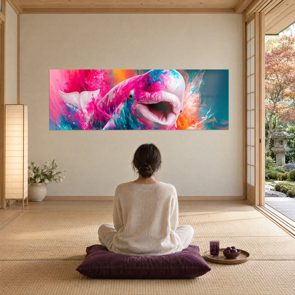 Tableau baleine blanche aux dents visibles, gerbes fuchsia et turquoise, observé par une femme assise en pull crème, de dos