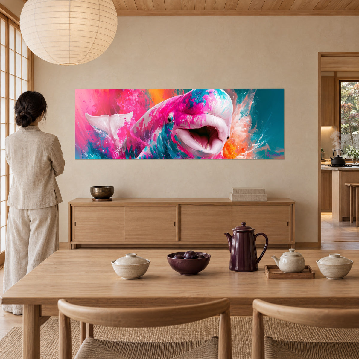 Tableau béluga bondissant dans un jaillissement rose, turquoise et corail, contemplé par une femme en veste beige, de dos