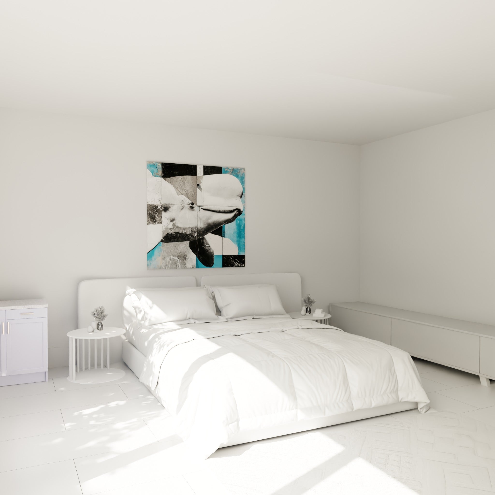 Cétacé blanc et bleu turquoise composé en damier, accroché au-dessus d'un lit dans une chambre claire