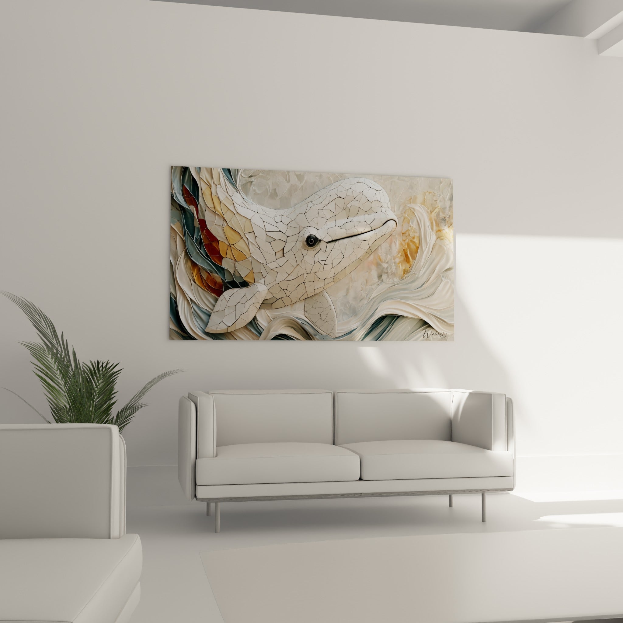 Silhouette de beluga craquelée aux tons dorés et bleu-gris disposée au-dessus d'un canapé dans un salon lumineux