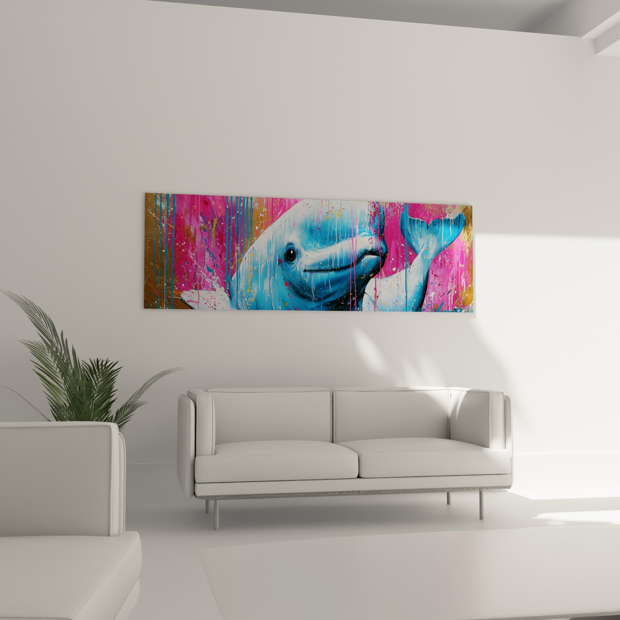Beluga aux couleurs fuchsia et dorées suspendu au-dessus d'un canapé dans un salon lumineux