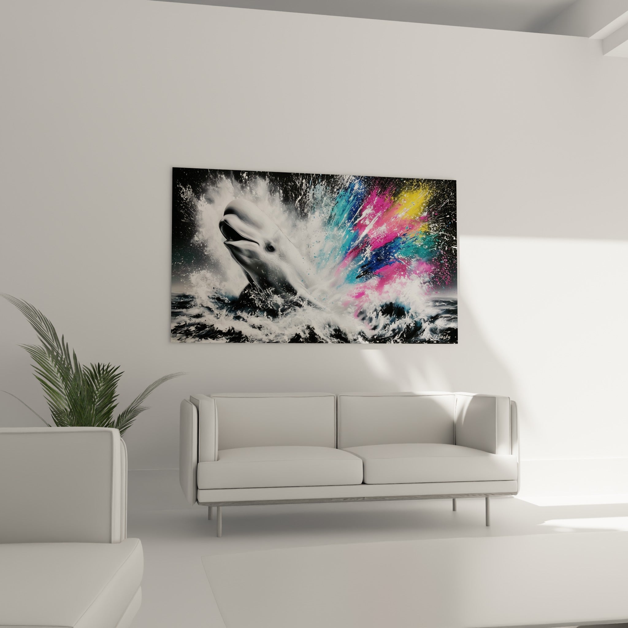 Cette baleine blanche émerge de l'écume noire entourée d'éclats fuchsia et turquoise, au-dessus d'un canapé dans un salon lumineux