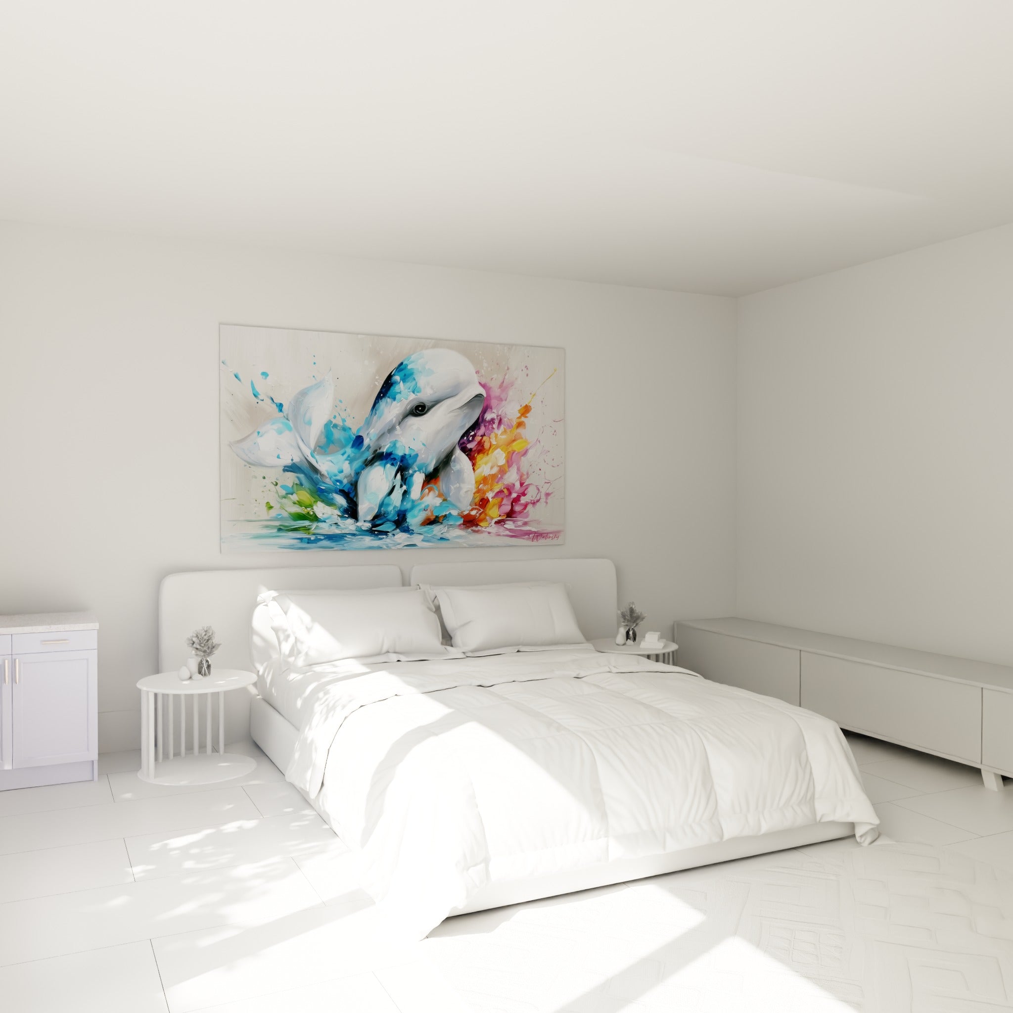 Cétacé aux couleurs vives bleu et fuchsia accroché au-dessus d'un lit dans une chambre claire