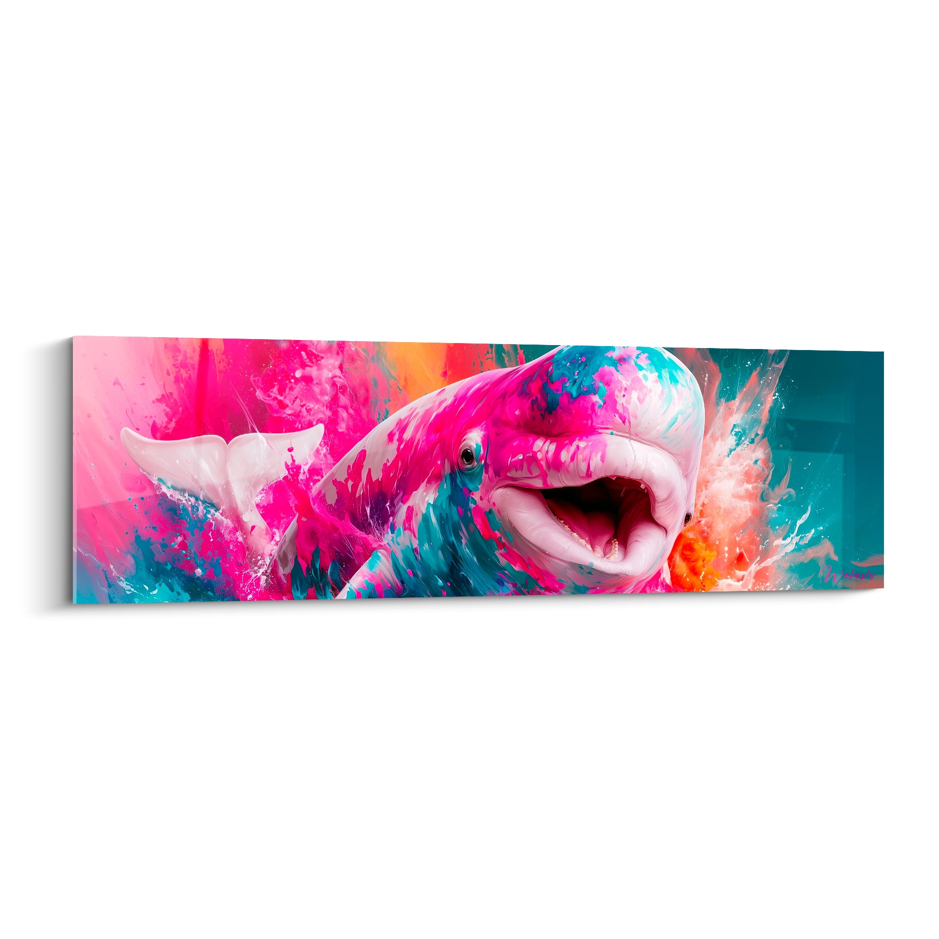 Beluga fuchsia et turquoise bouche ouverte, éclaboussures orange sur toile panoramique colorée
