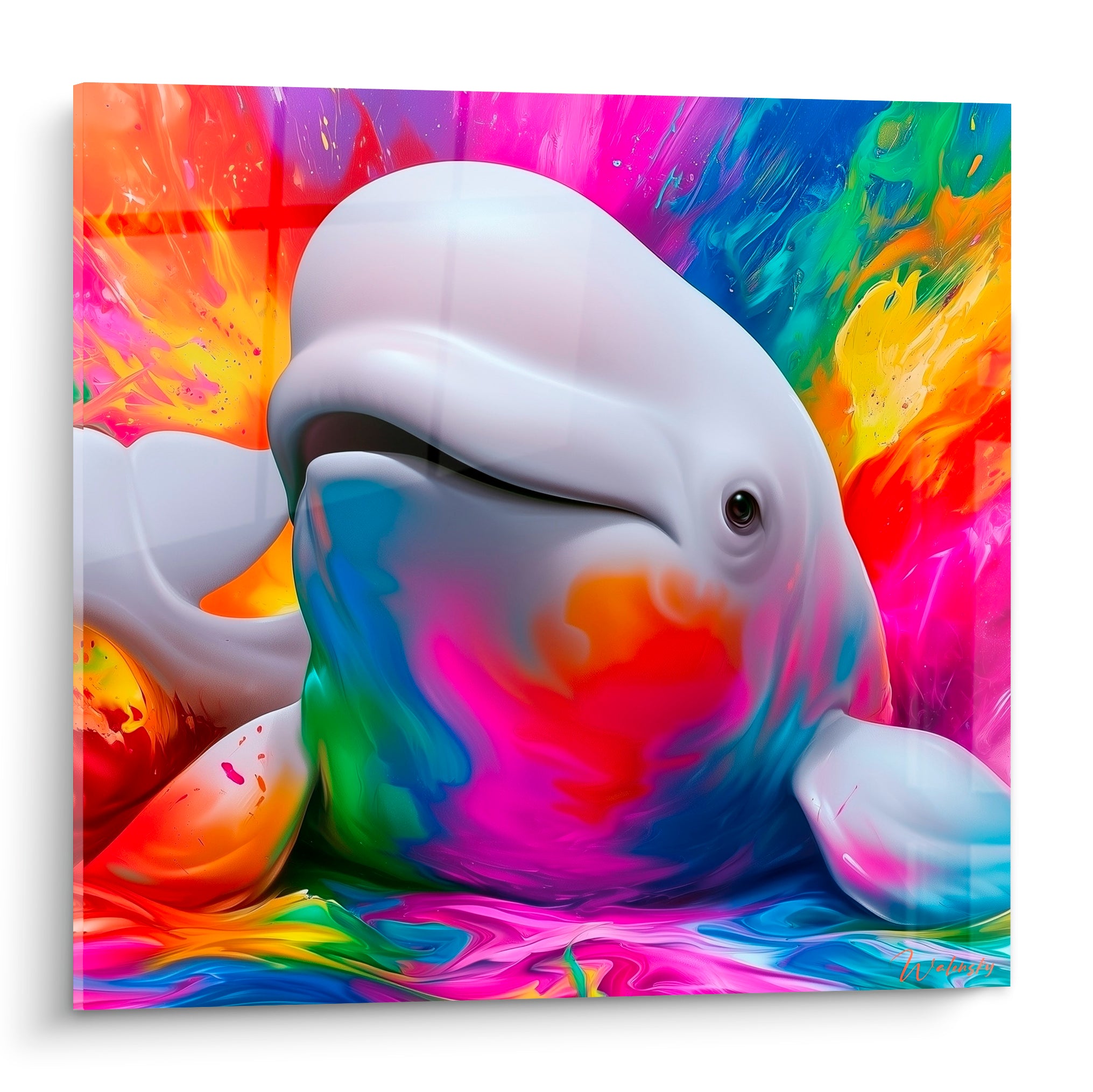 Beluga blanc au regard doux, visage traversé d'éclaboussures roses, turquoise et jaunes vibrantes