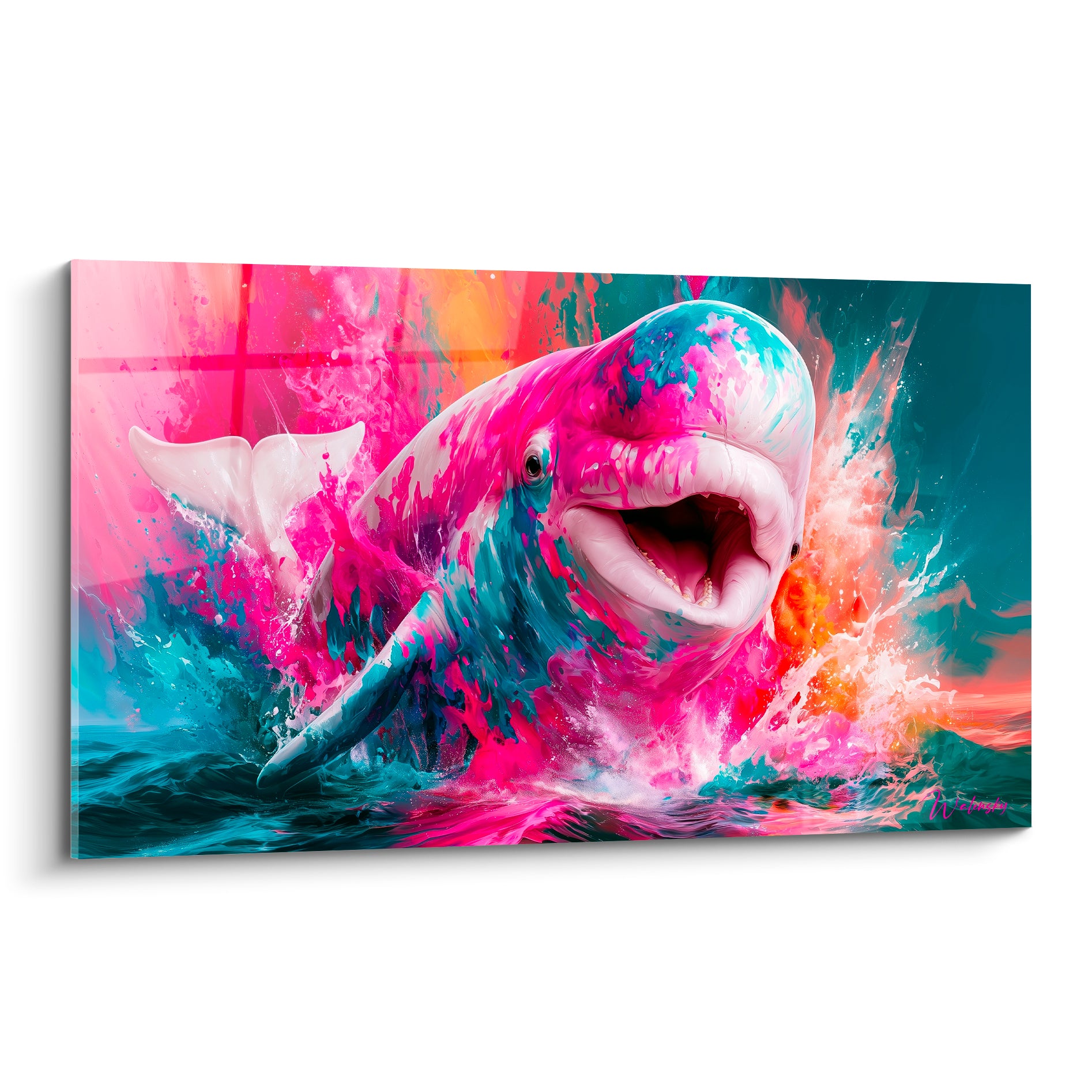 Beluga jaillissant des flots, peau fuchsia et turquoise, gueule ouverte, éclaboussures orangées autour