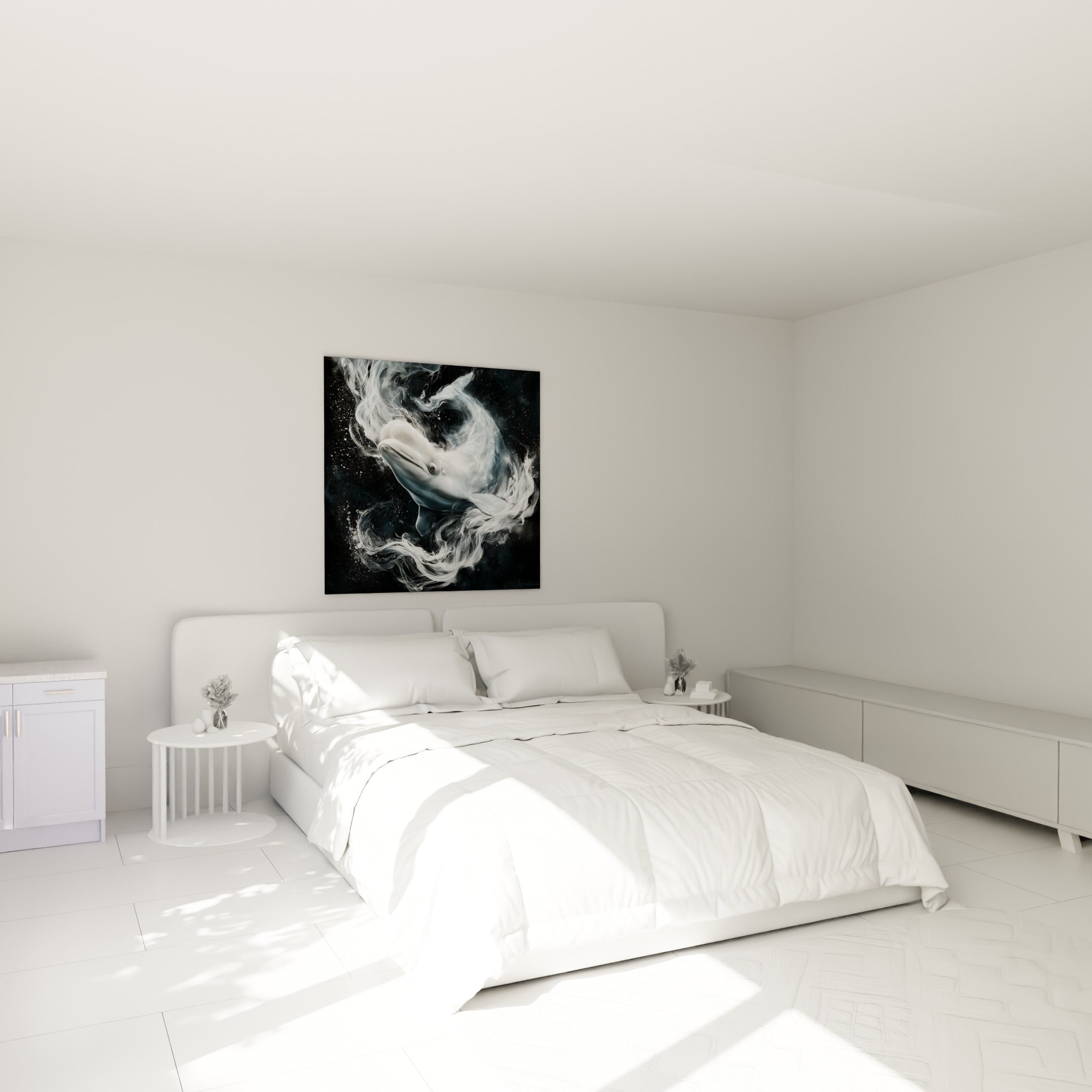 Cétacé blanc enveloppé de fumée bleutée, au-dessus d'un lit dans une chambre claire